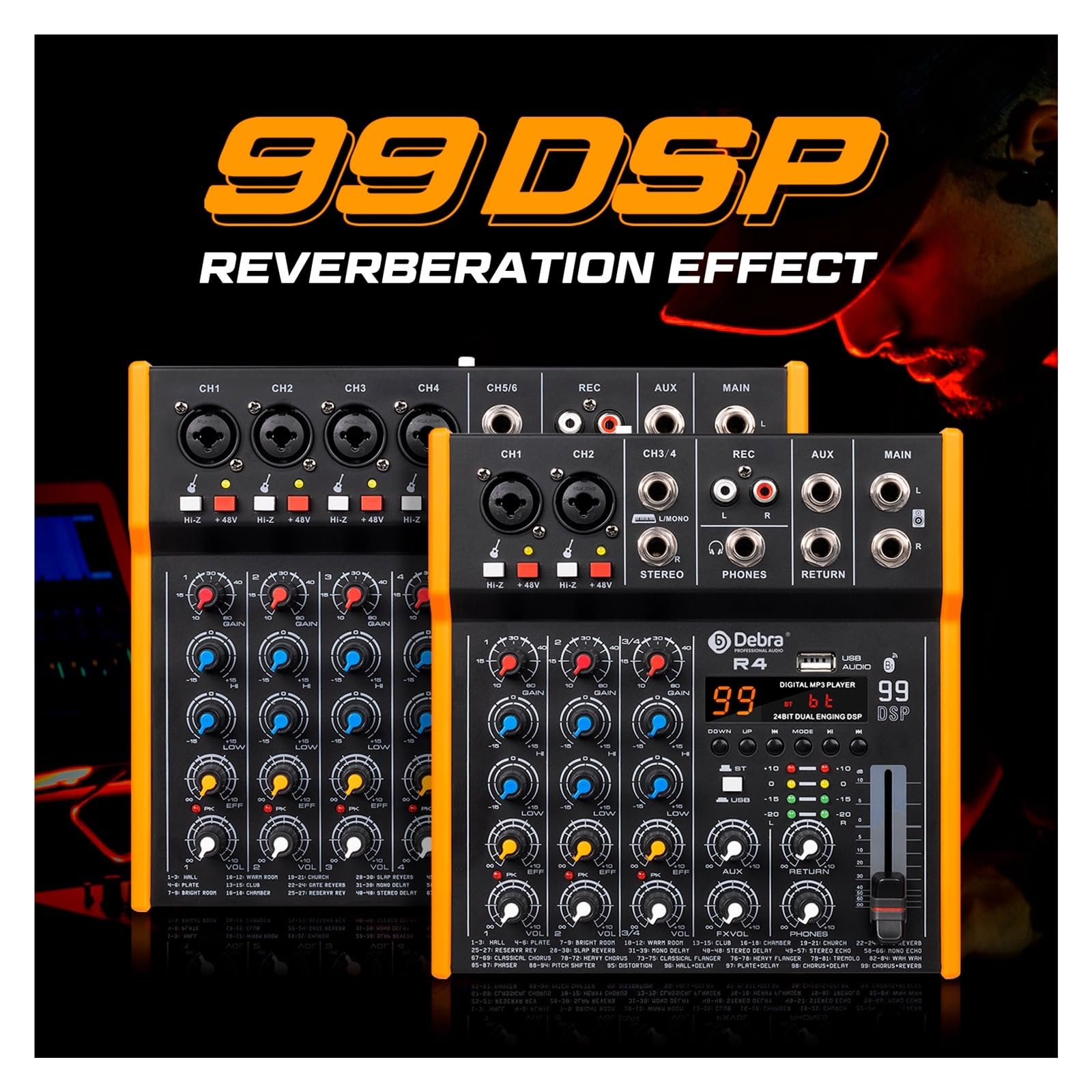 Mikser audio, OTG Metalowy Mikser DJ Konsola Mini4 Z Bluetooth 48V Power Delay Repaeat Efekt Do Miksowania Dźwięku Nagrywania PC Do studia karaoke(R4 4 Channel)