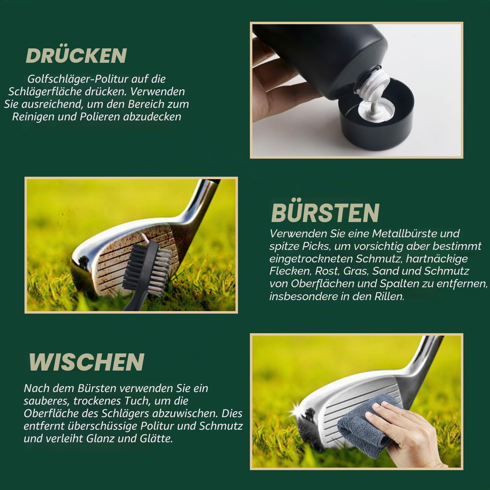 Golfschläger-Reinigungsset 3-in-1 mit Golfschläger-Reinigungsbürste, Handtuch und 200 g Golfschläger-Politur – Golfschläger-Pflegeset für sofortigen Rillenrost & Kratzerentferner
