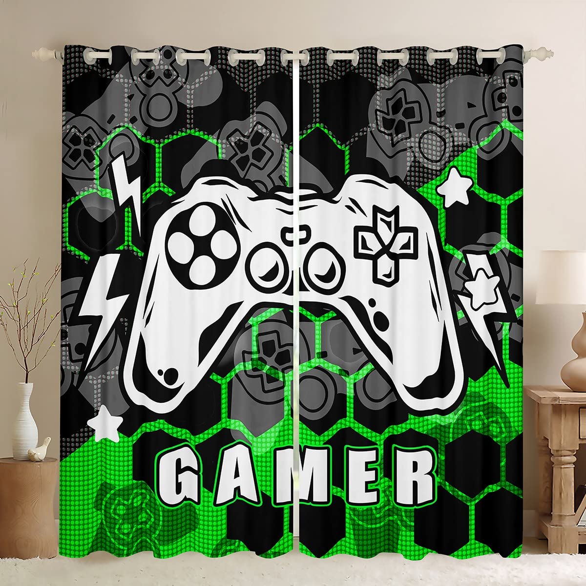 Homemissing Boys Multicolored 15 Gaming Window Curtains For Bedroom Living Room - Green Honeycomb Gamepad Drapes W46*L54
