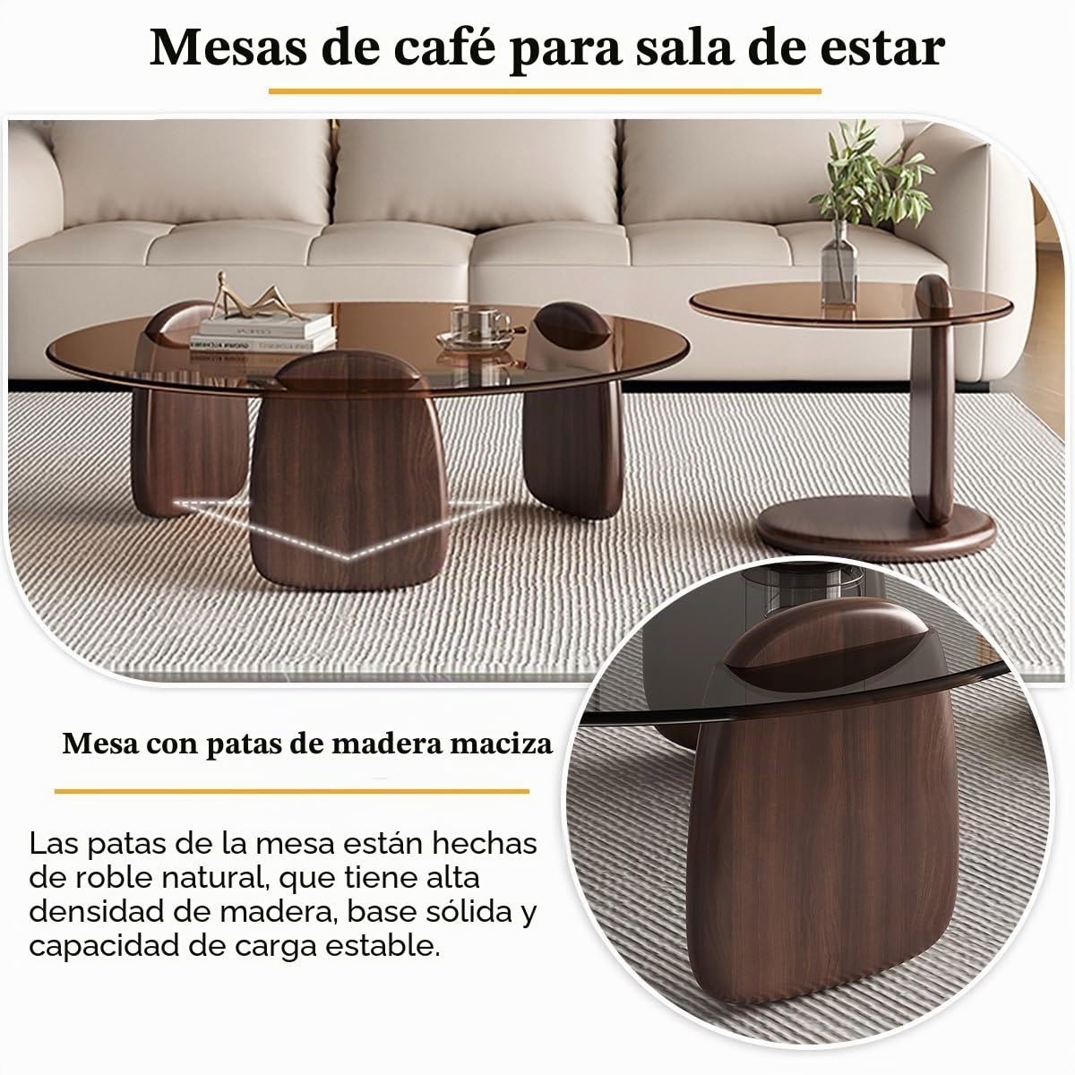 Mesa de Centro Redonda Cristal, Mesa Nido Juego de 2, Patas de Madera Maciza, Vidrio Templado para Salón Dormitorio Oficina-Fácil Montaje(Brown-B,80+50cm/31+20in)
