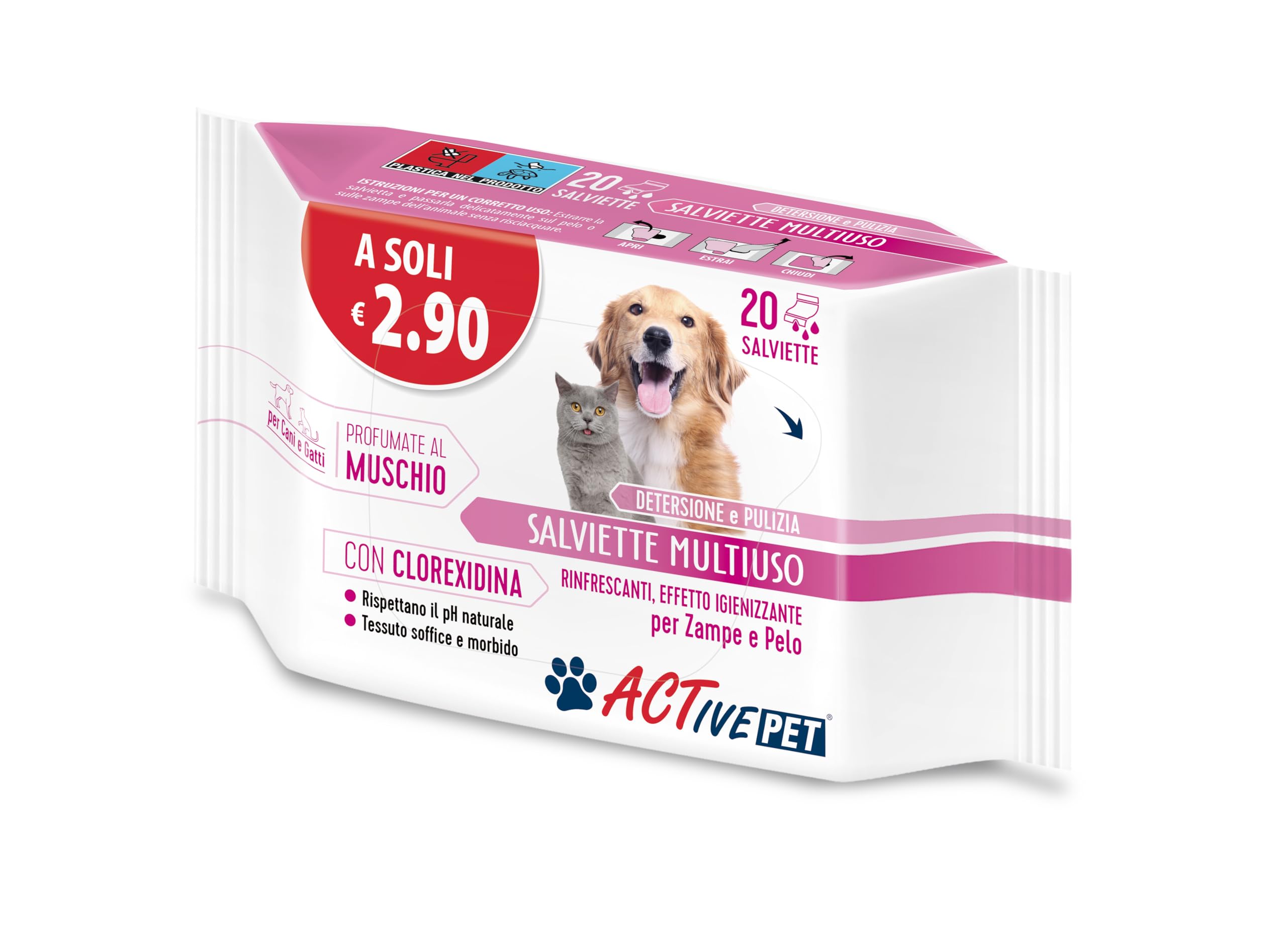 F & F Active Pet Chusteczki wielofunkcyjne z chlorheksydyną, do czyszczenia i czyszczenia sierści psów i kotów, zapachy piżmowe - 1 opakowanie Quadripack 80 śliwek