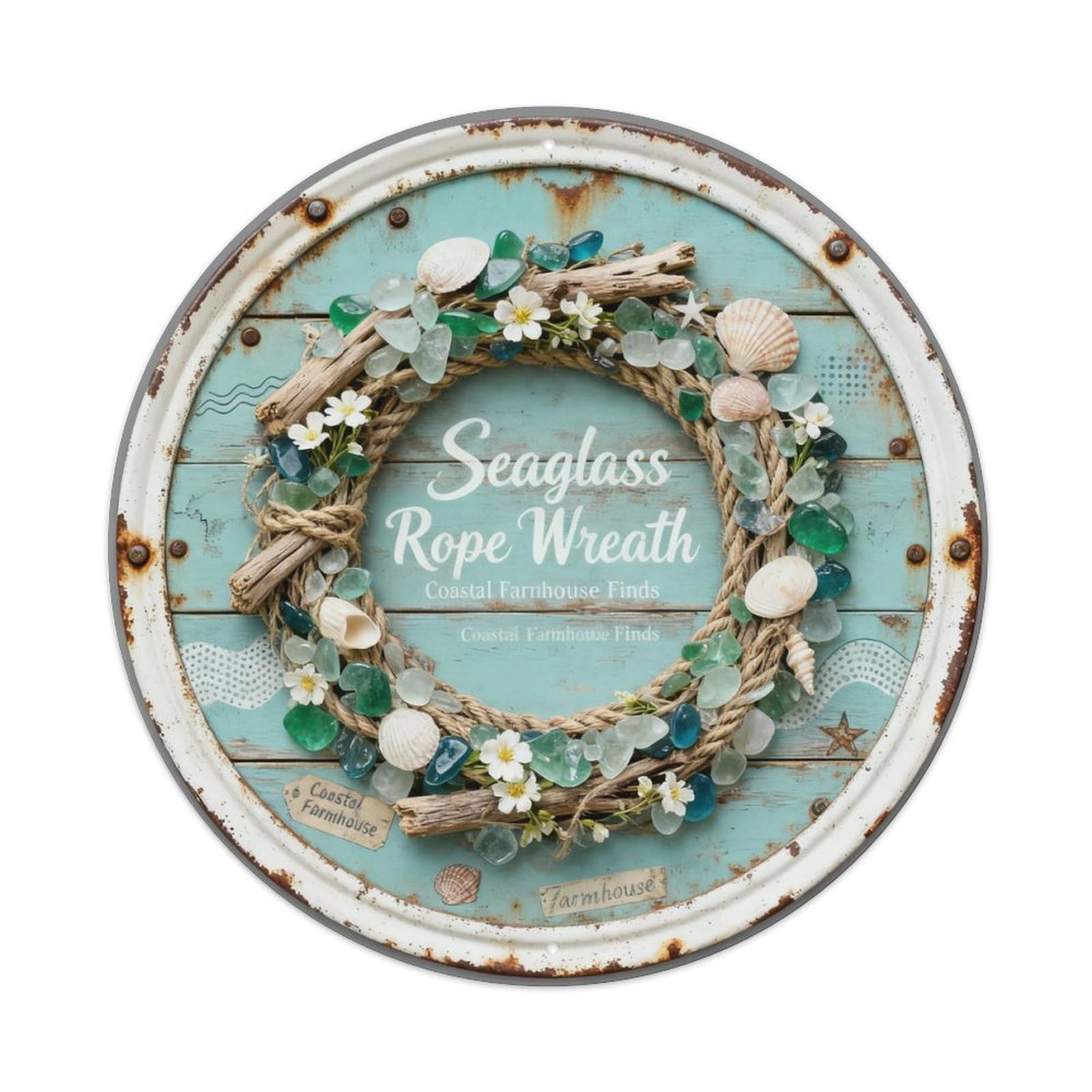 Seaglass Rope Wreath Metal Tin Sign Plaque