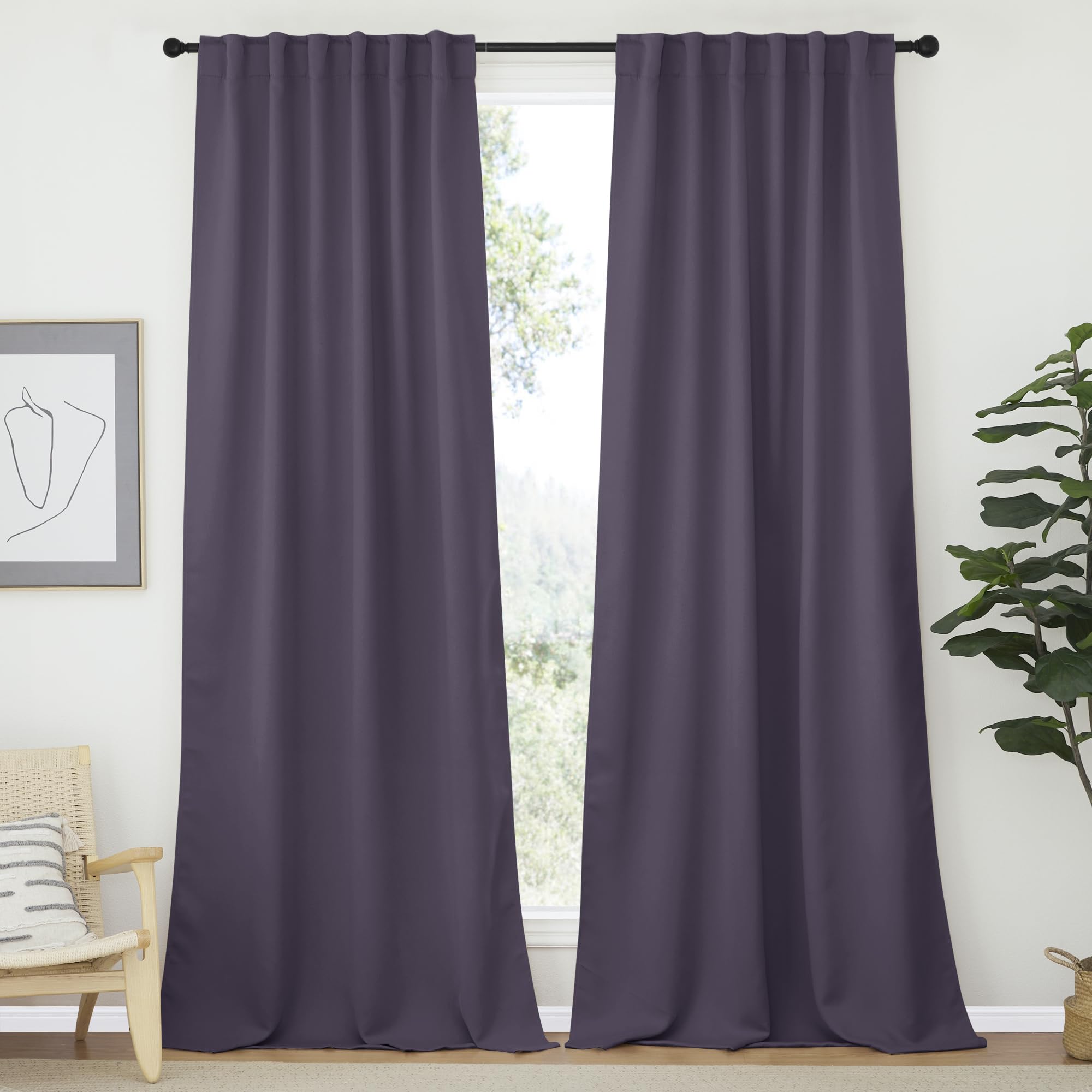 NICETOWN Bedroom Blackout Curtain Panels - (Greyish Purple Color) 52 x 108 Inch, 2 PCs, Insulating Energy Saving Solid Rod Pocket Blackout Drapes for Hall, Villa