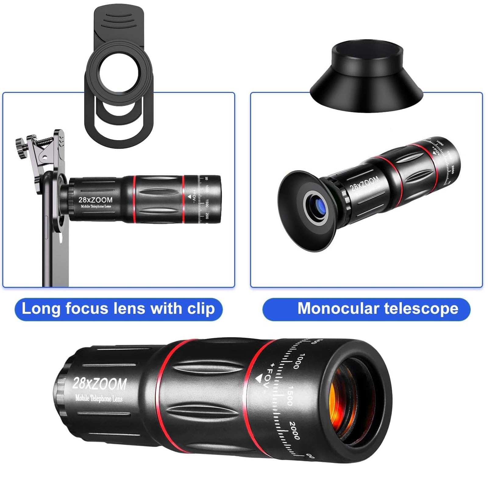 Dpofirs Kit Obiettivi Fotocamera Telefono, Set di Obiettivi Clip Universale 4 in 1 con Teleobiettivo 28X, Grandangolo 0,6X, 20X, Macro, Obiettivo Fisheye 198°, Morsetto Regolabile e