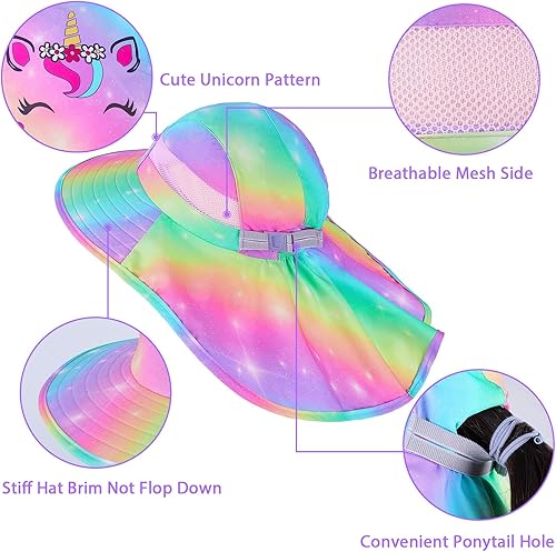 Miniatura 4 de Sombrero de sol para niños, protección UV, unicornio, verano, playa, sombreros de ala ancha para el cuello con solapa para niñas de 2 a 9 años