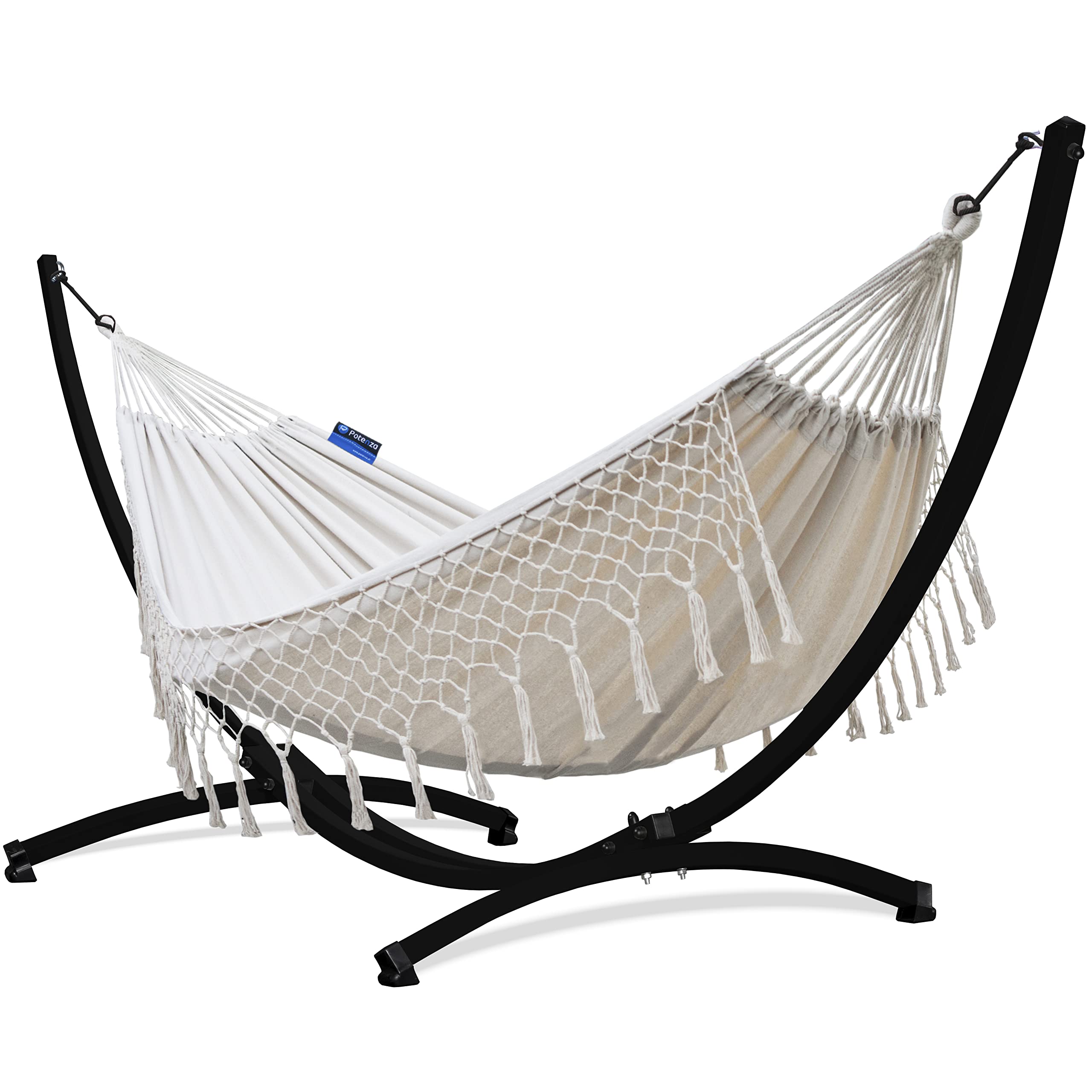 Potenza Hamaca con Soporte Incluido en Jardin, de Tela Multicolor, para 2 Personas Doble I Grande Soporte Capacidad de 220 Kg I Hamaca 220x160 cm (Santia-Crudo, Soporte Negro)