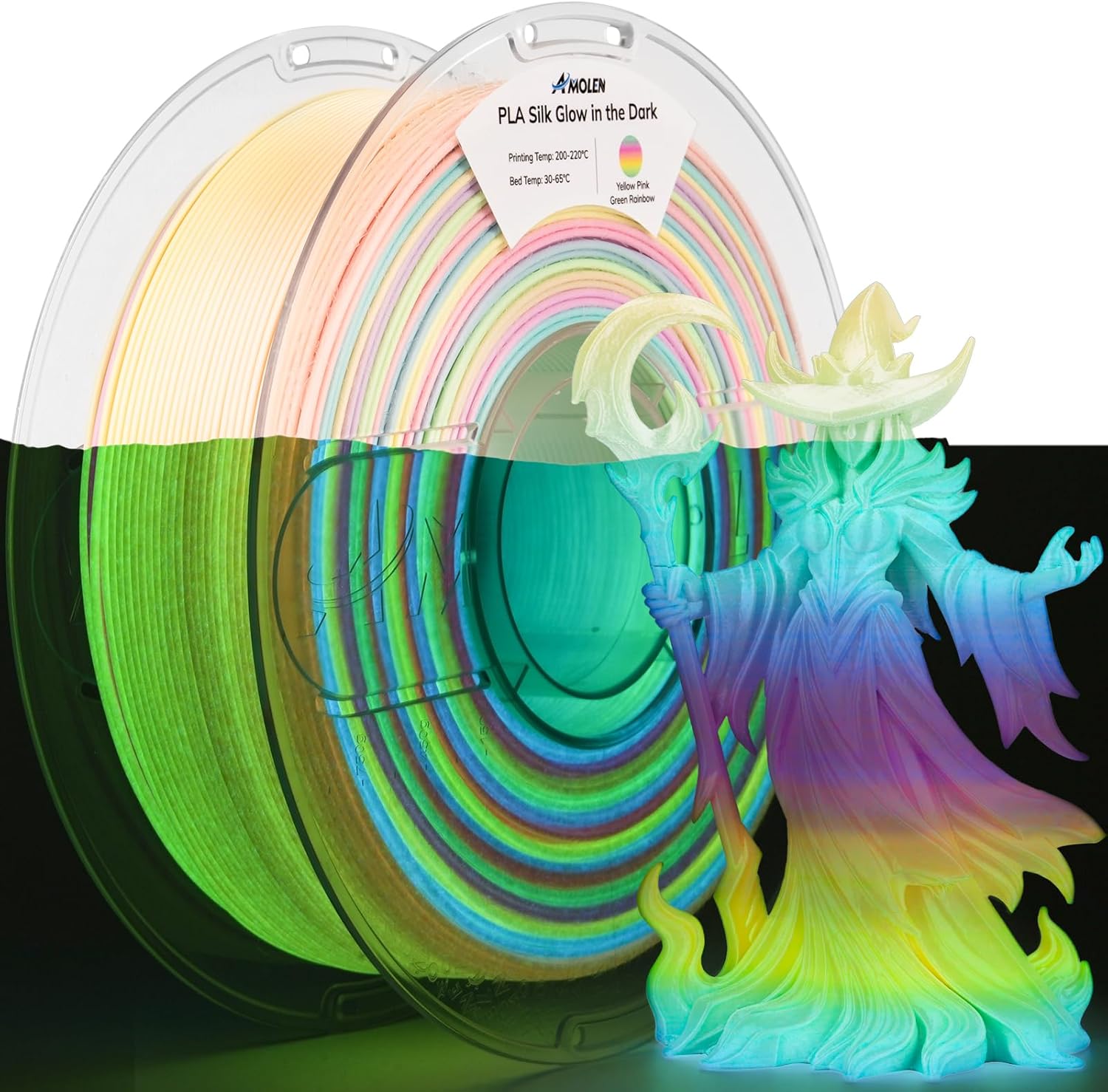 AMOLEN Glow in The Dark Filament Pla Silk Glow 3D Printer Filament, Shiny Multicolor Rainbow PLA Filament 1.75mm, Gradient Color Change PLA for Most FDM 3D Printer, Yellow Pink Green, 1kg (2.2lbs)
