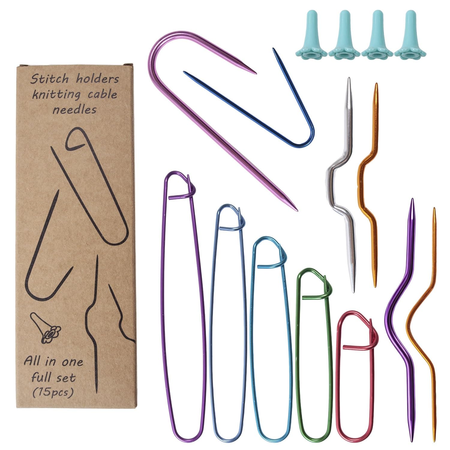 Lampstop 15Pcs Aluminum Cable Needles & Stitch Holders Knitting Tools, Safety Pin Brooch Weaving Sweater Knitting Tool, Bent Tapestry Needles for Yarn Sewing Knitting