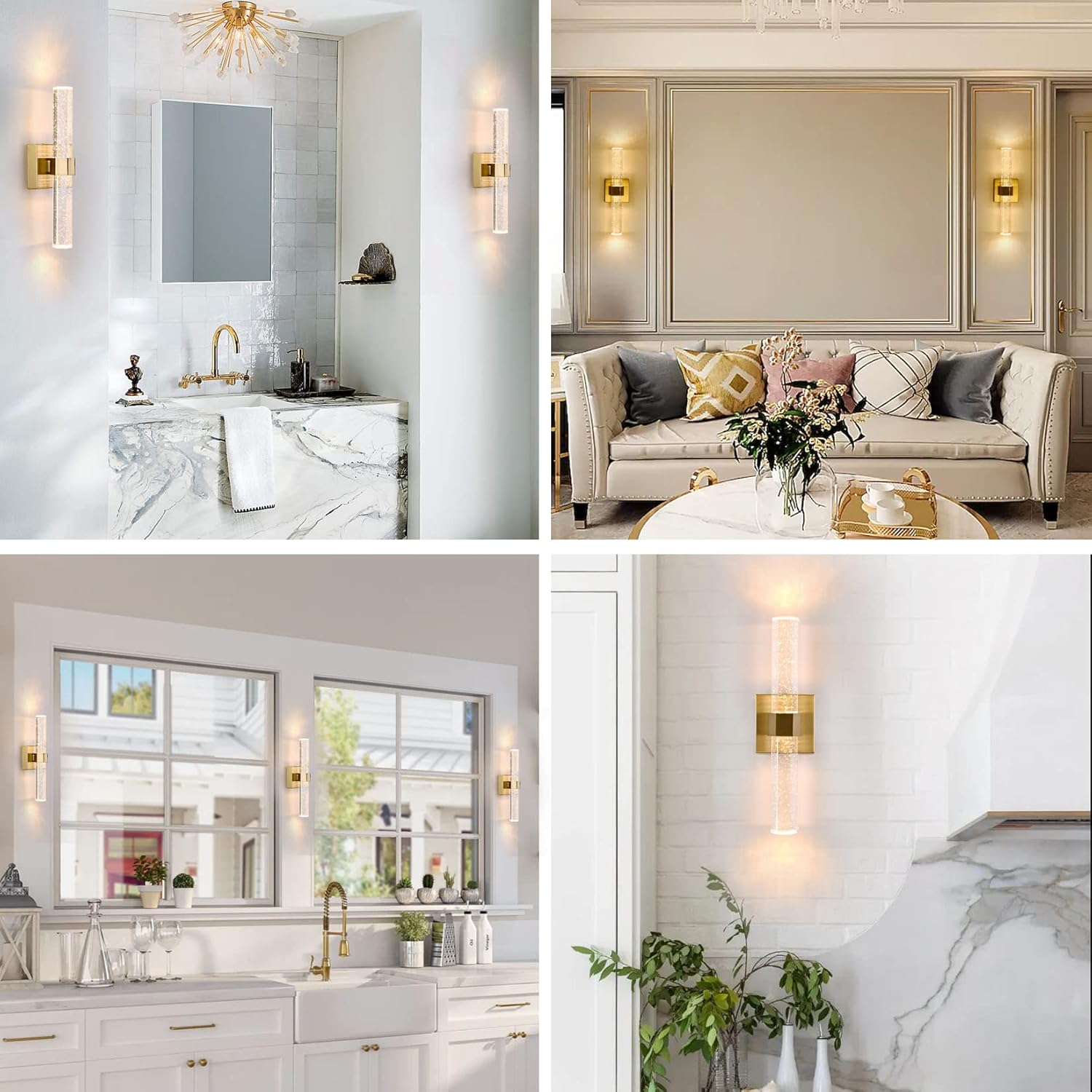 Femony Gold Wall Sconce,Crystal Sconces Wall Lighting with Antique Brass Finish,LED 3000K/Warm White/12W(60W Equiv.),Bubble Glass Modern Indoor Wall Light for Living Room,Bathroom and Hallway