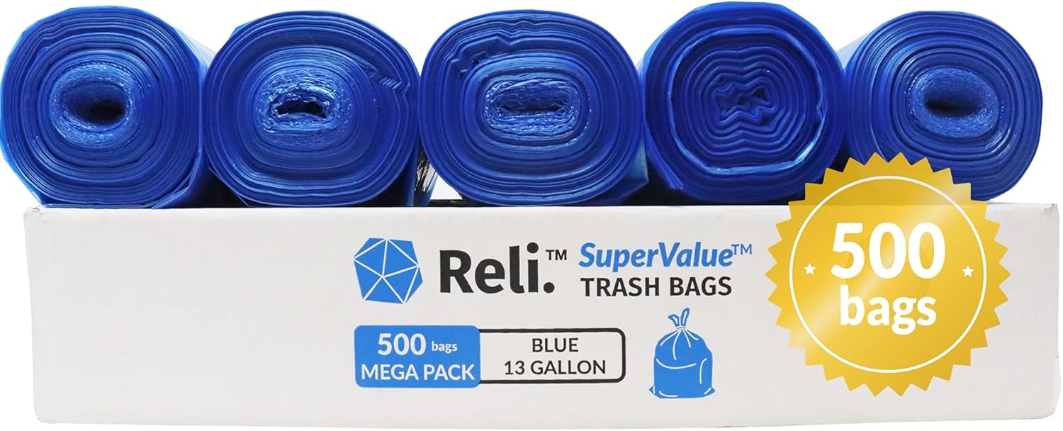 Reli. SuperValue 13 Gallon Recycling Bags | 500 count Bulk | Tall Kitchen | Blue Trash Bags
