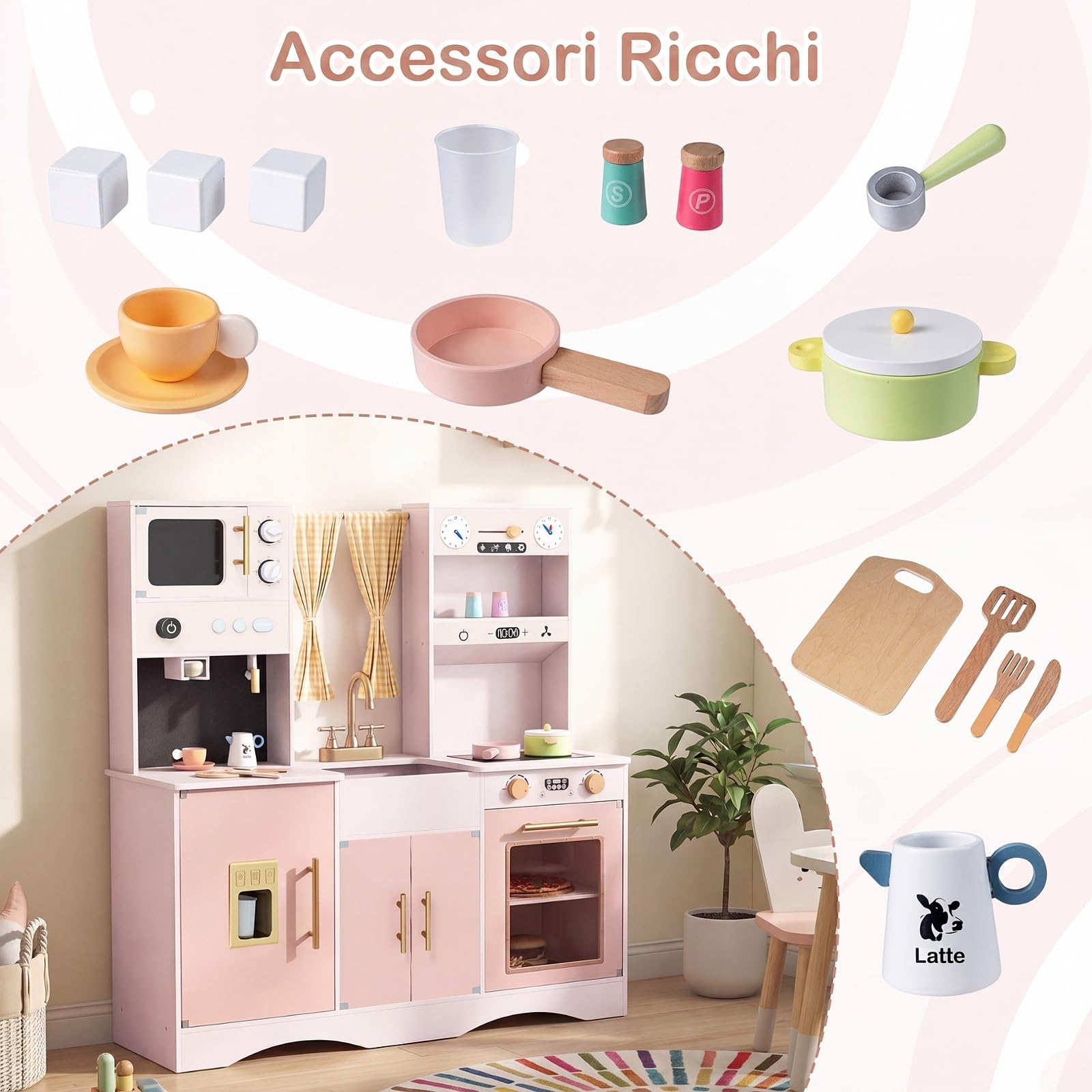 COSTWAY Set da Cucina per Bambini, in Legno, per Bambini 3+ Anni (Rosa)