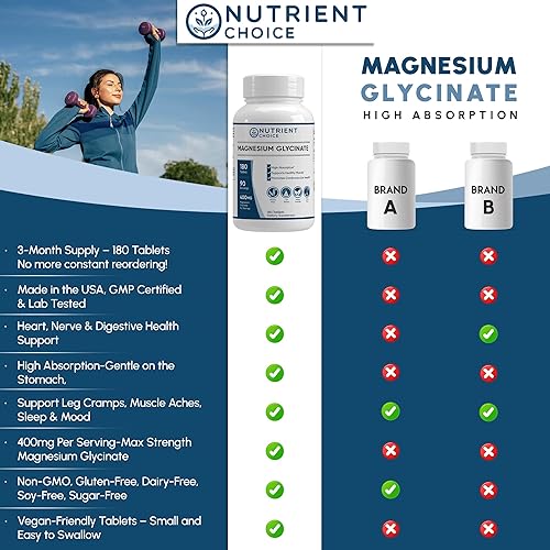 Miniatura 6 de 400 mg de glicinato de magnesio puro, 180 comprimidos, no tamponado, alta absorción, sin OMG, promueve la salud cardiovascular para aliviar el