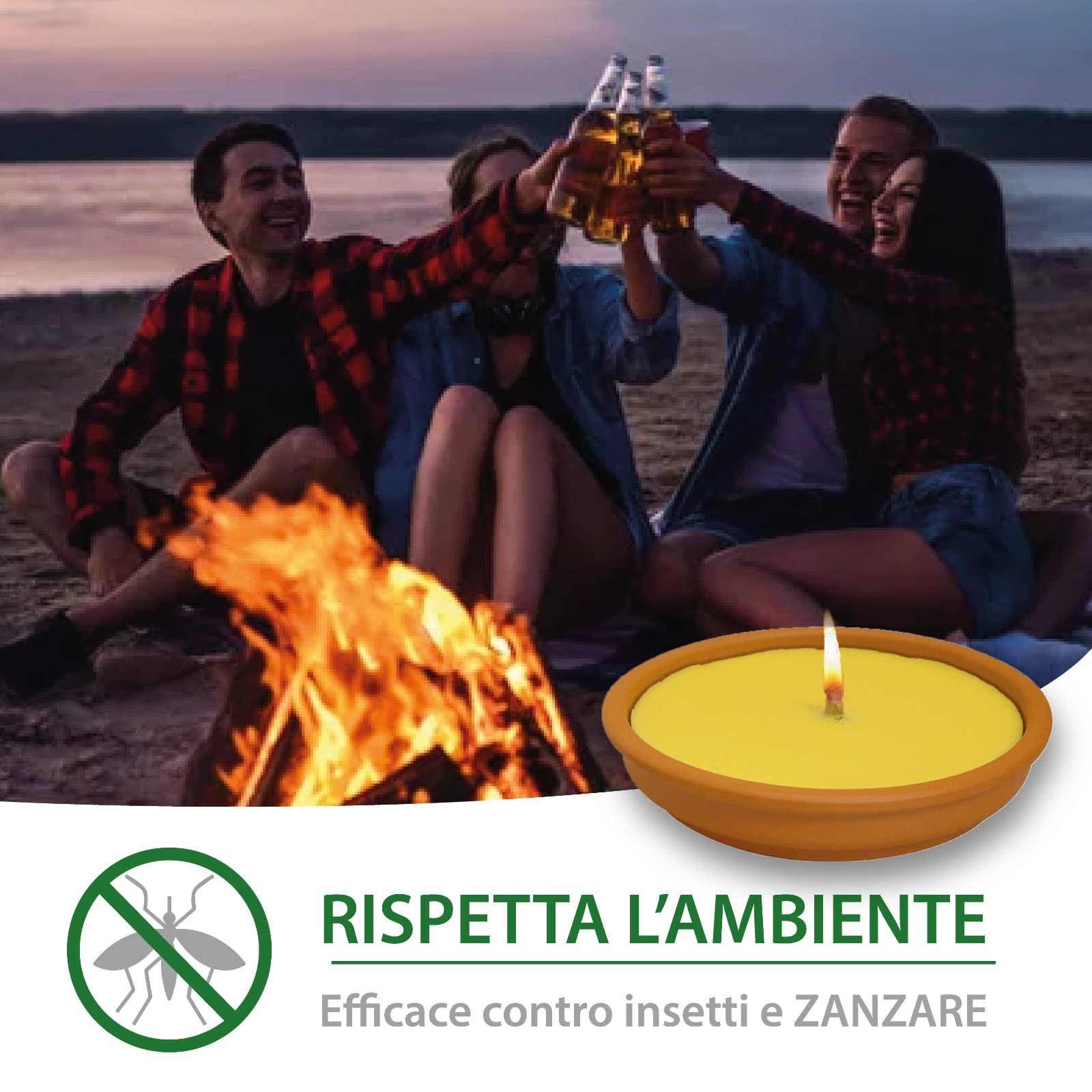 Crisalide® Candela alla Citronella, Fiaccola, Prodotto in Italia, Giardinaggio, Antizanzare, Esterno, Feste e Eventi. (18cm 11 ore, Set Argilla)