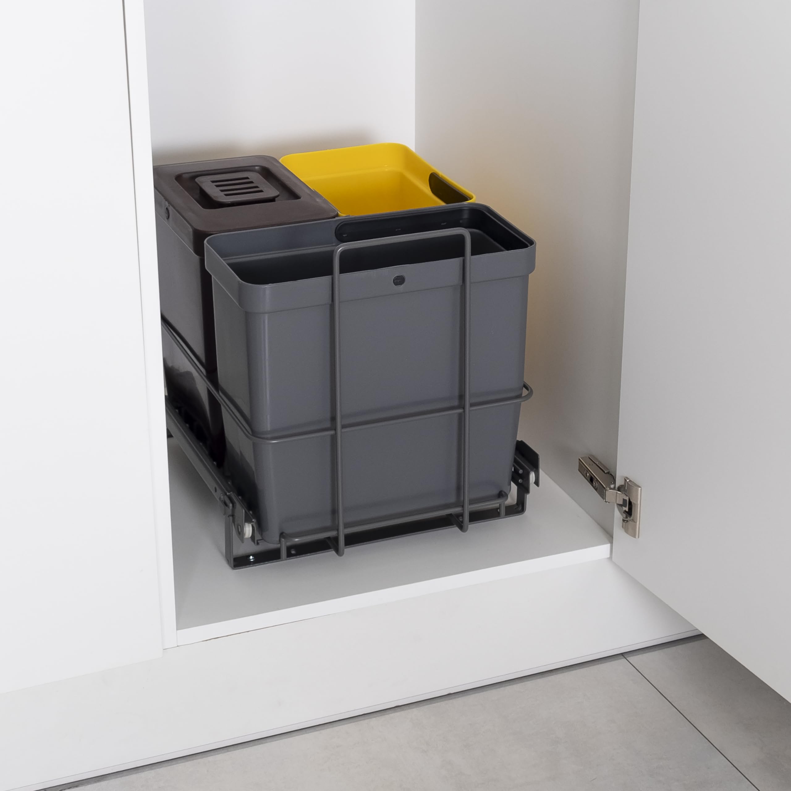 LM 64/3a Einbau Mülleimer ausziehbar mit 3 Abfalleimer (1x11L, 2x8L) in Farben anthrazitgrau, gelb, braun - Trio Mülltrennsystem für die Küche Unterschrank- anthrazit 32,8 x 43,3 x 35,4cm