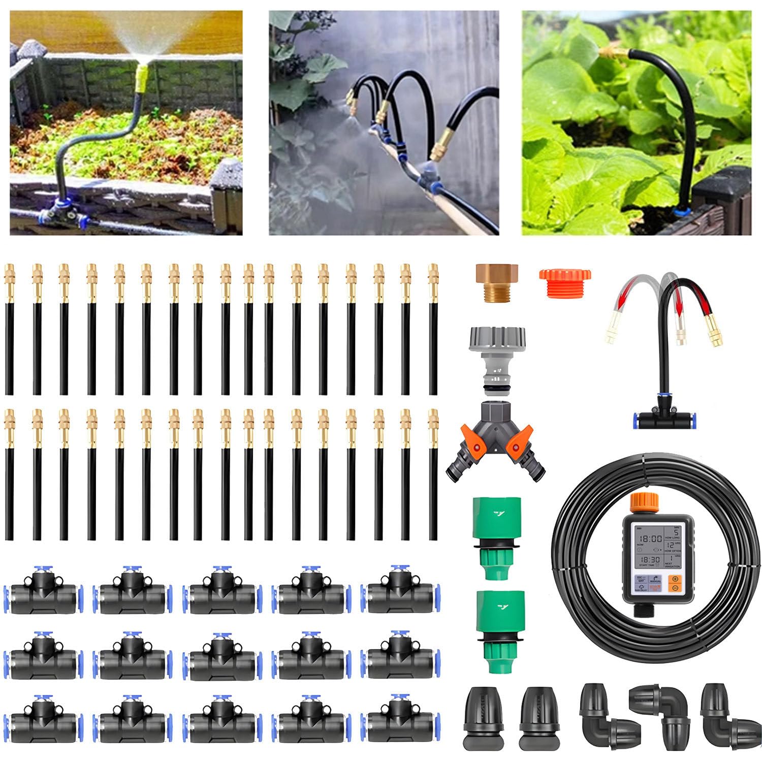 Kit di irrigazione a Goccia con ugello nebulizzatore Regolabile e gocciolatore orientabile a 360° per l;irrigazione Automatica di Serre, Prati e aiuole. (50m)