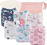 babygoal Fraldas de pano reutilizáveis, pacote com 6 + 6 peças de rayon de inserções de bambu + bolsa úmida, tamanho único, capas de fraldas laváveis ajustáveis para bebês meninas e meninos 6FG38