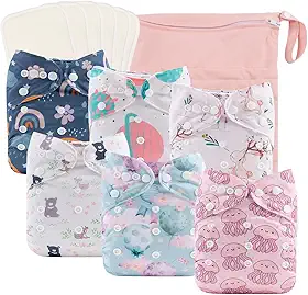 babygoal Fraldas de pano reutilizáveis, pacote com 6 + 6 peças de rayon de inserções de bambu + bolsa úmida, tamanho único, capas de fraldas laváveis ajustáveis para bebês meninas e meninos 6FG38