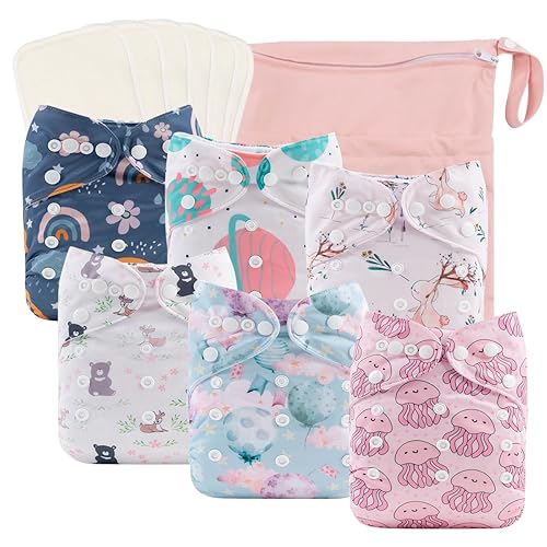 babygoal Pañales de tela reutilizables para bebés y niñas, tamaño único, ajustables, lavables, de bolsillo, paquete de 6 unidades, 6 piezas de