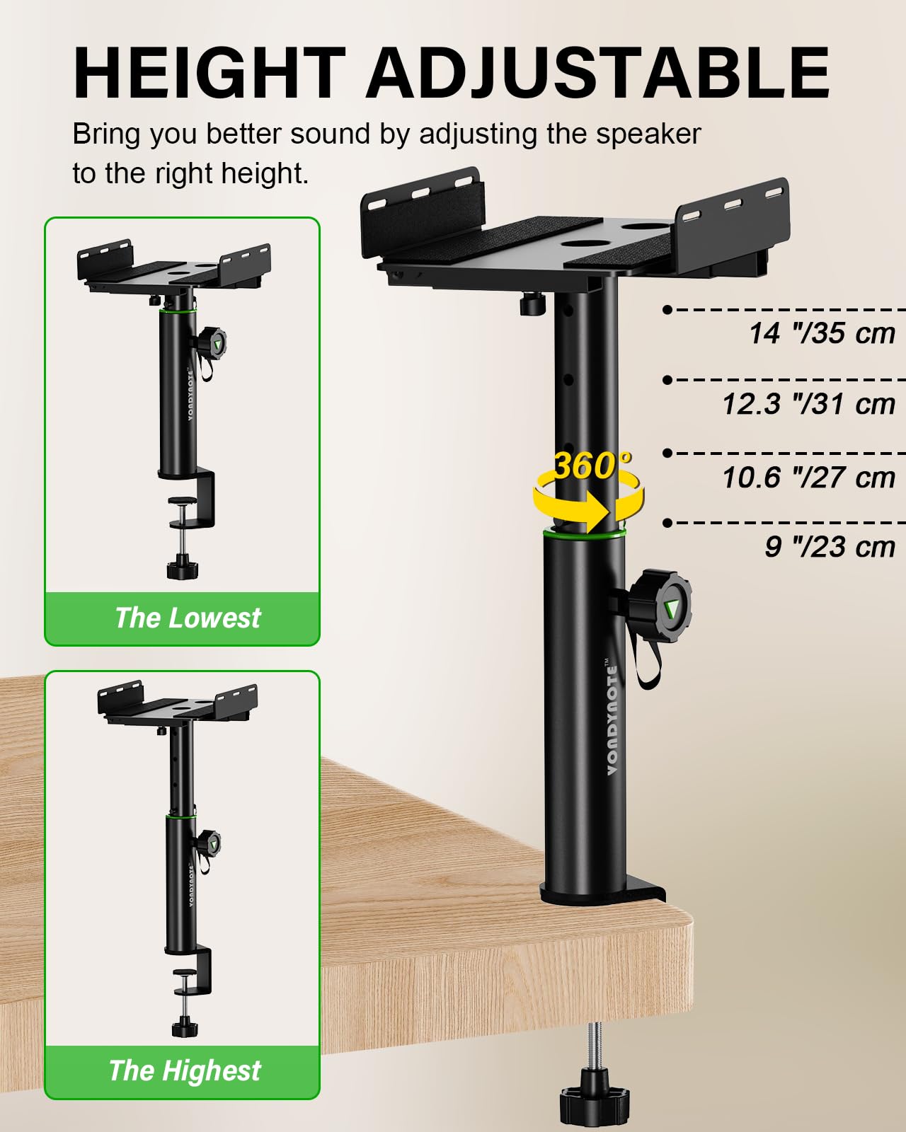 Vondynote 2 Stück Dual Side Klemm-Studio Monitor Ständer Desktop Klemme Lautsprecher Ständer Höhenverstellbar gegen die Wand Ausziehbare obere Platte Montage durch Schrauben