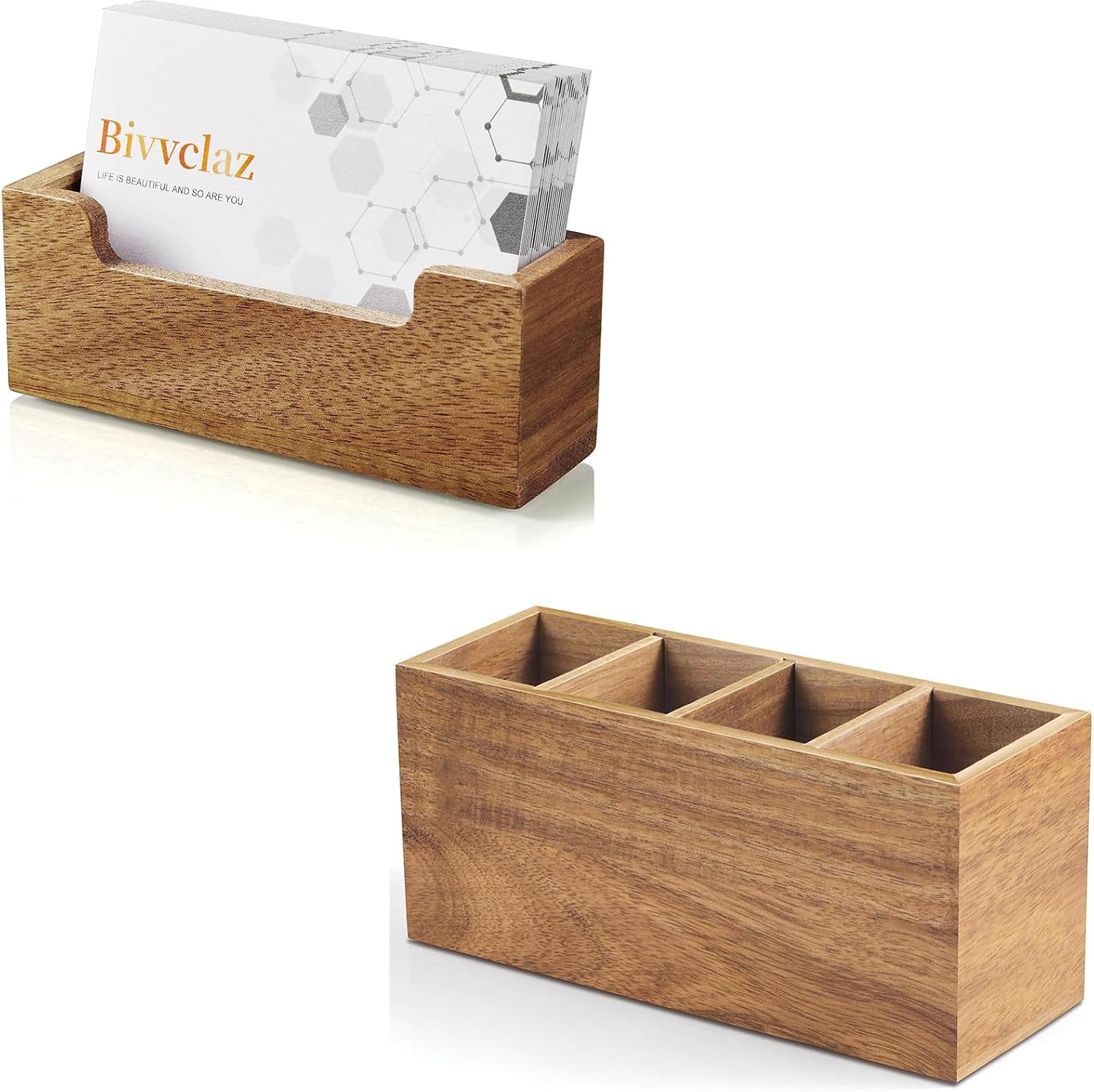 Bivvclaz Acacia Wood Business Card Holder & Pen Organizer for Desk, Brown Wooden Office Desk Organizer with 4 Slots