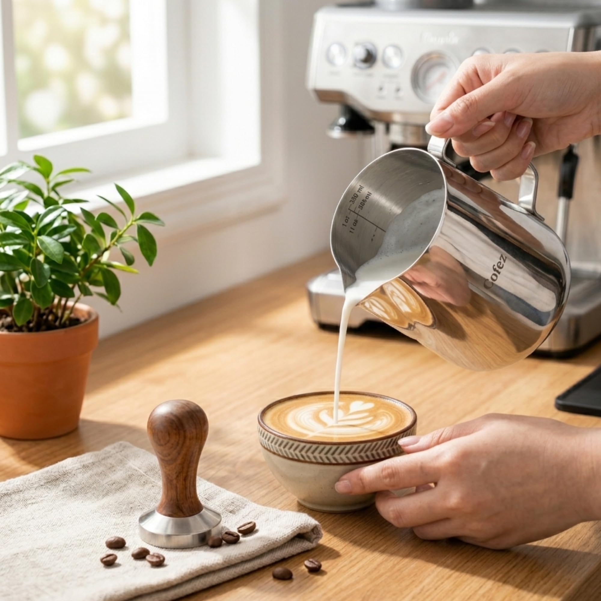 Milchkännchen Edelstahl 350ml mit skala - barista kanne für Latte Art - Hochwertige Milchkanne als Kaffee Zubehör - Perfekt zum Milchaufschäumen - Aufschäumkännchen zum Milch aufschäumen (Silber)