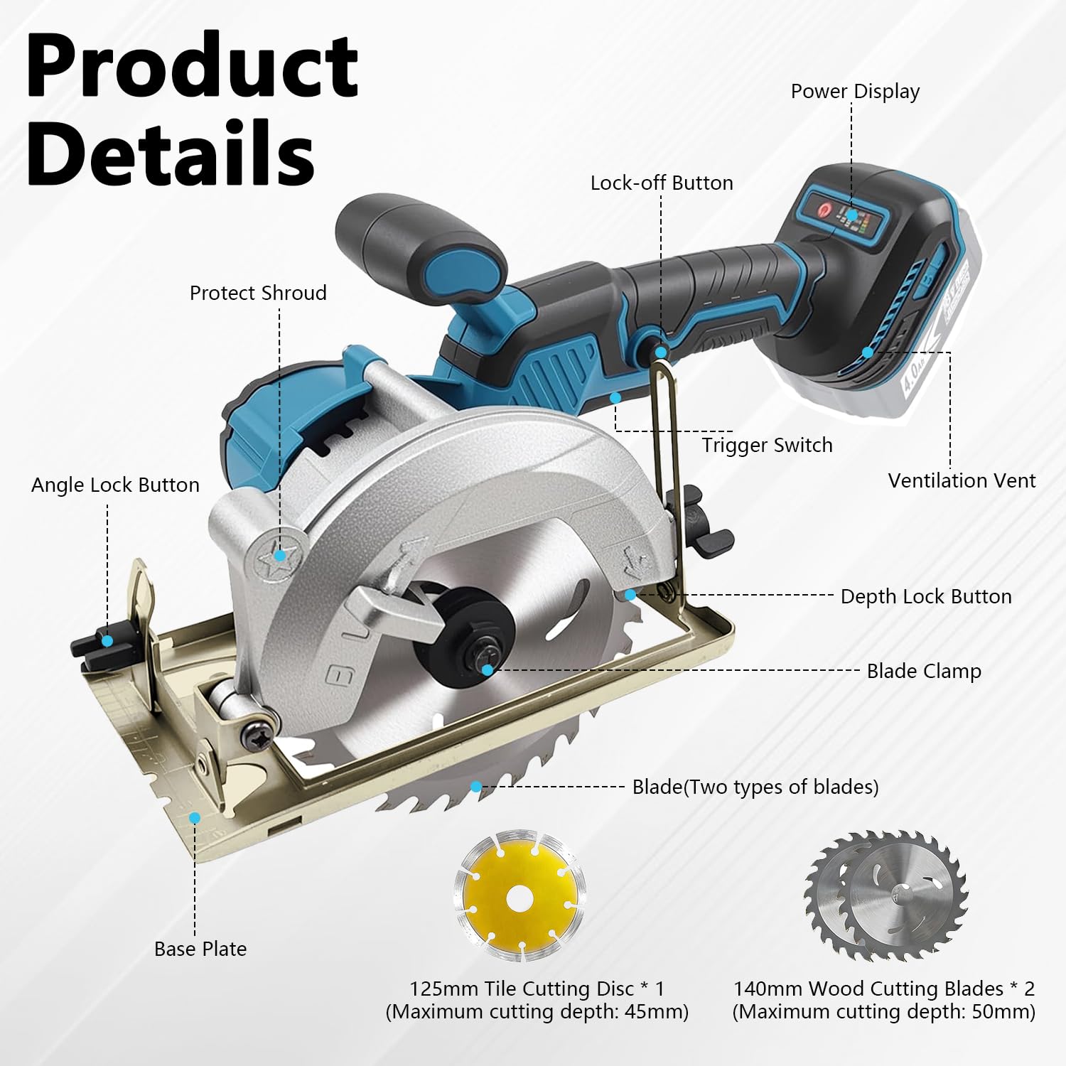 Mini Sierra Circular para Makita de 18V, Sierra Circular de Mano Sin Escobillas con 3 Hojas de Sierra,Gafas,Guantes y 2 llaves,Corte de Inglete de 0 a 45° para Azulejos,Madera,Plástico (Sin Batería)