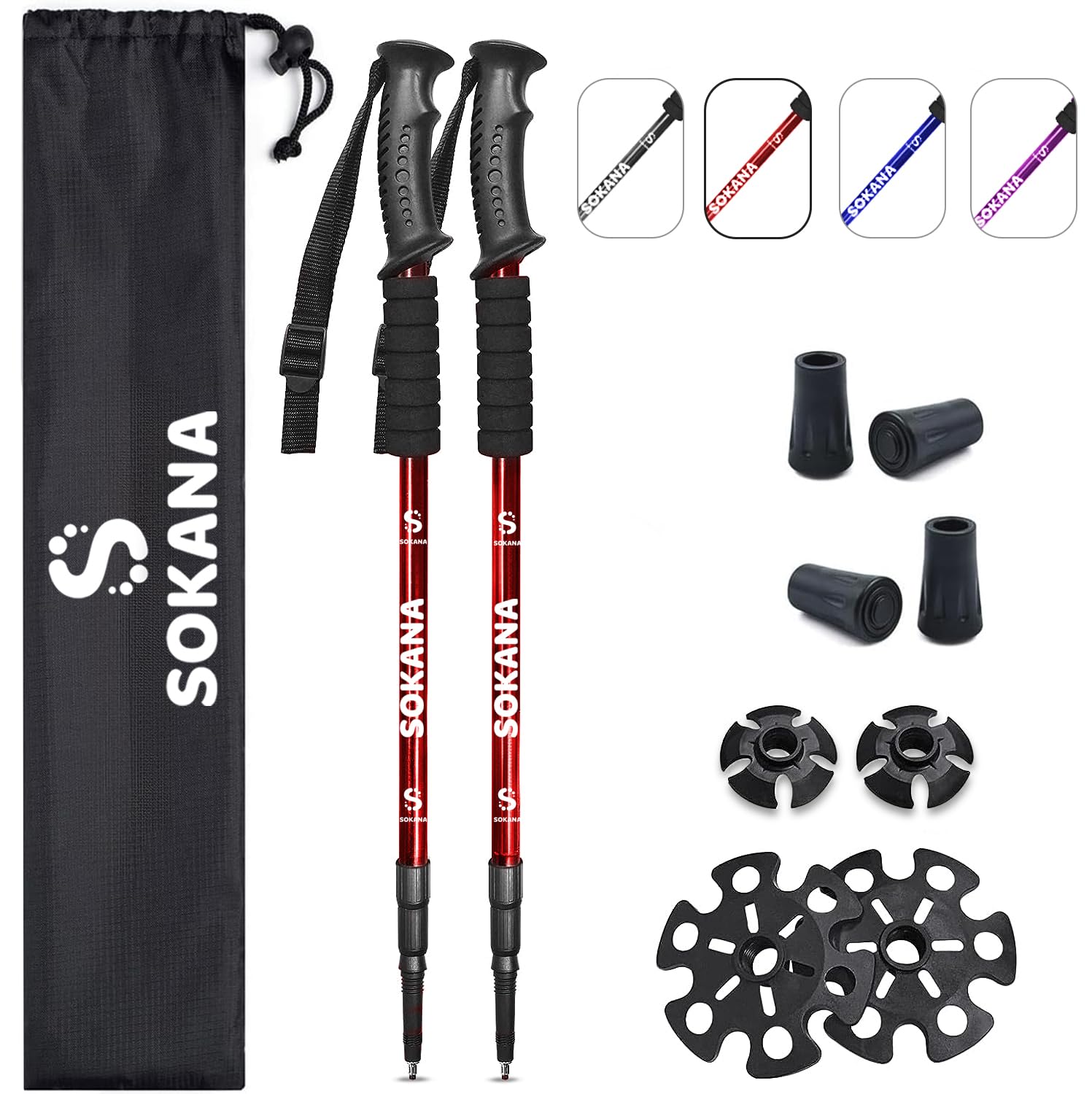 SOKANA Walking Poles 2 Pack Folding Walking Sticks for Men and Women | Lightweight Trekking Poles with Quick Lock System for Hiking Climbing Camping - Red