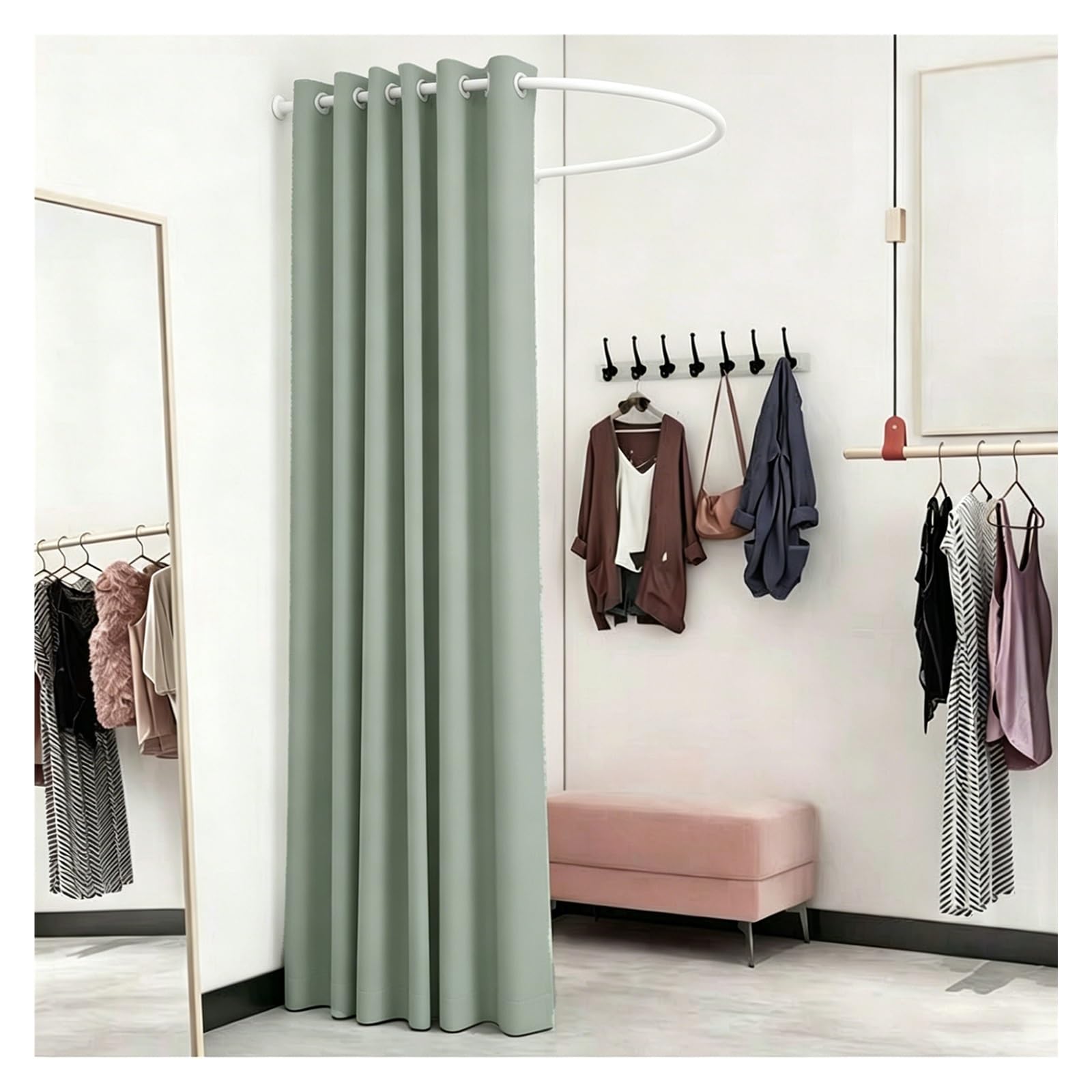 ZJKXJH U Shaped Fitting Room Curtain Rod with Blackout Curtain, Wall-mounted Changing Curtains for Small Spaces, Privacy Partition for Room Divider(White Rod+Green Curtain,110cm/43.3in)