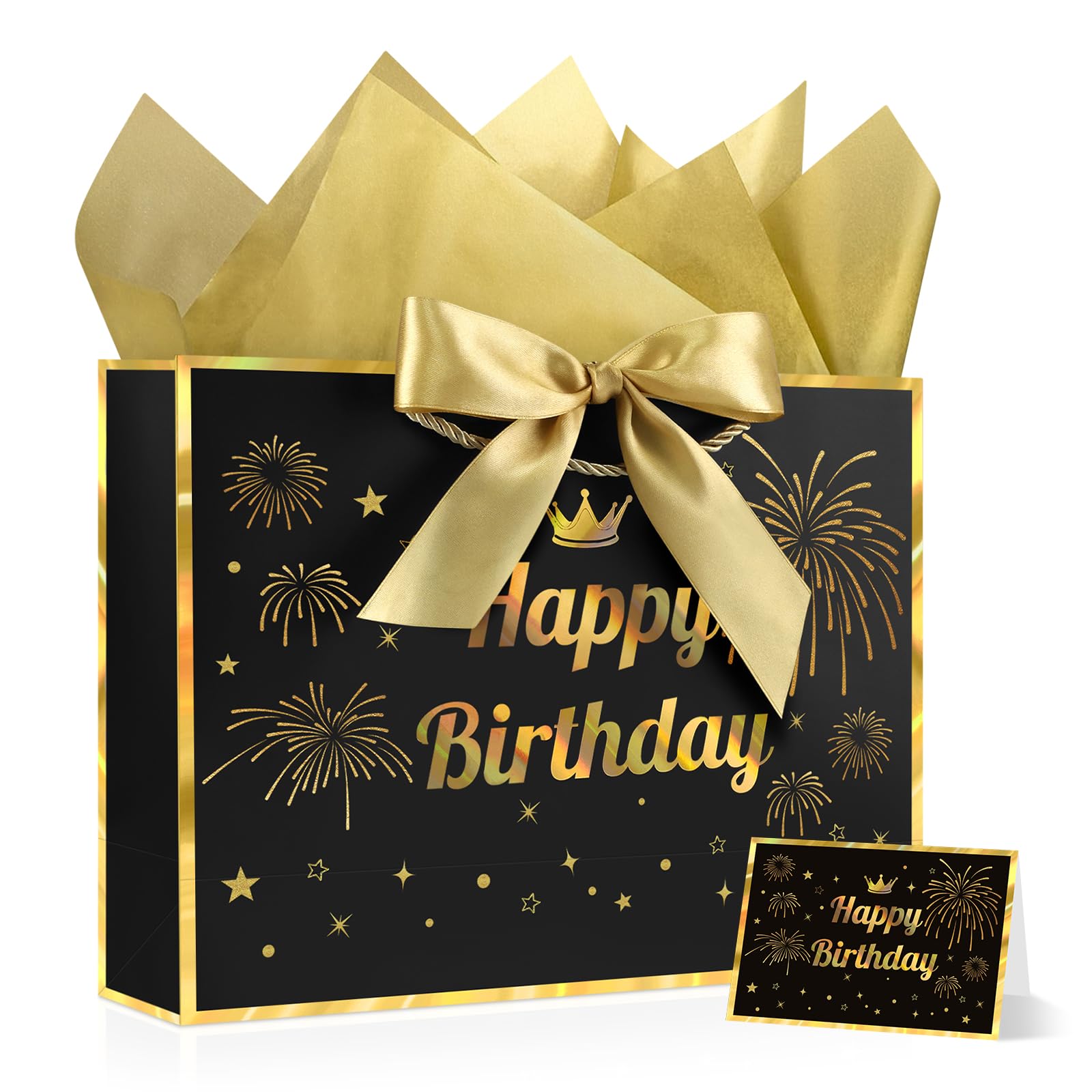 JMANNI Black Gold Happy Birthday Gift Bag with Card and Tissue Paper, 12.6"×9.84"×3.9" Elegant Present Bag for Men Women, Year Old Birthday Keepsake Party Supplies