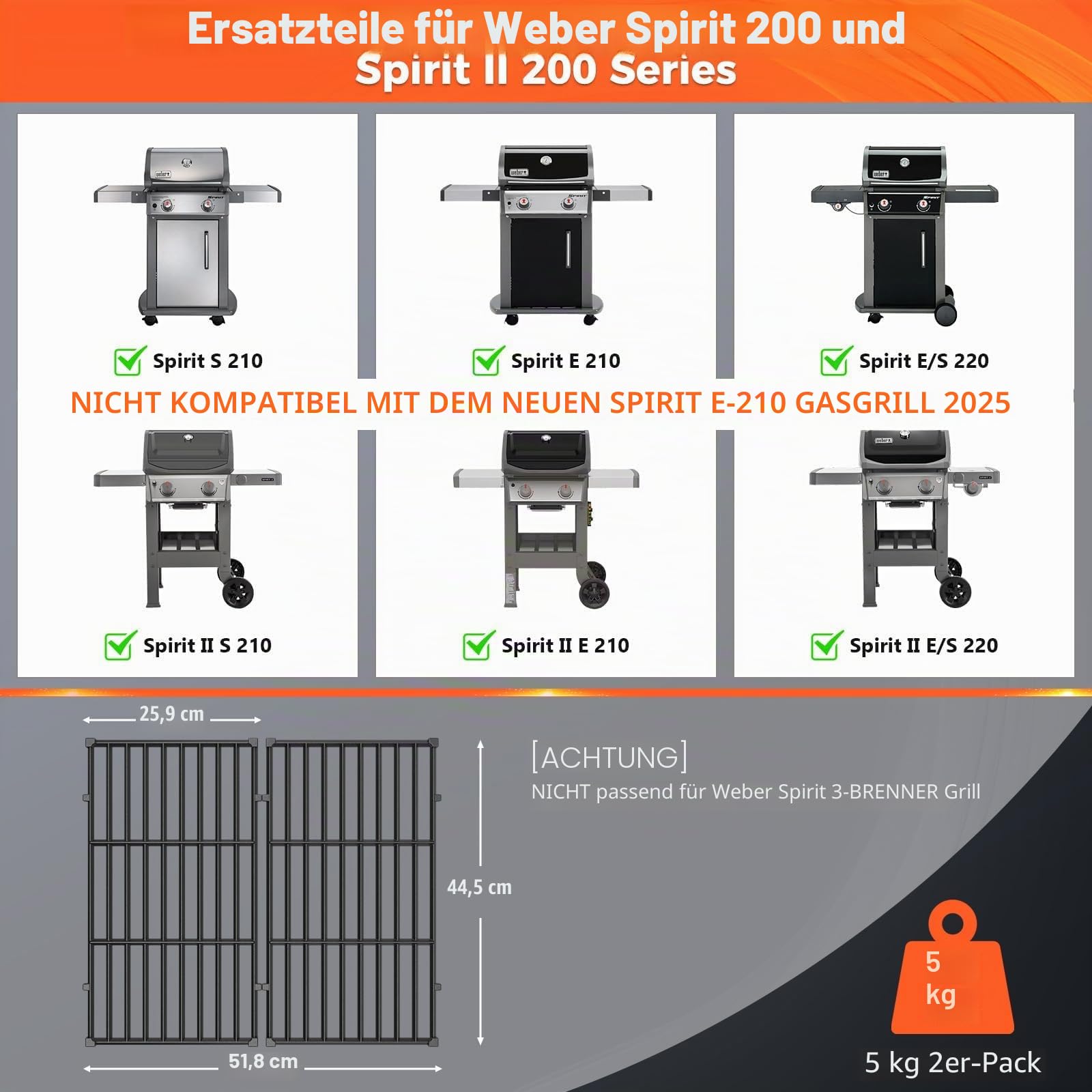 QuliMetal 7637 Grillroste für Weber Spirit E210, E220, S210, S215 mit Frontbedienung, Ersatzteile für Weber Spirit 200 und GS4 Spirit II E210, Spirit II E220, 44,5 x 25,9 cm, 2er-Set