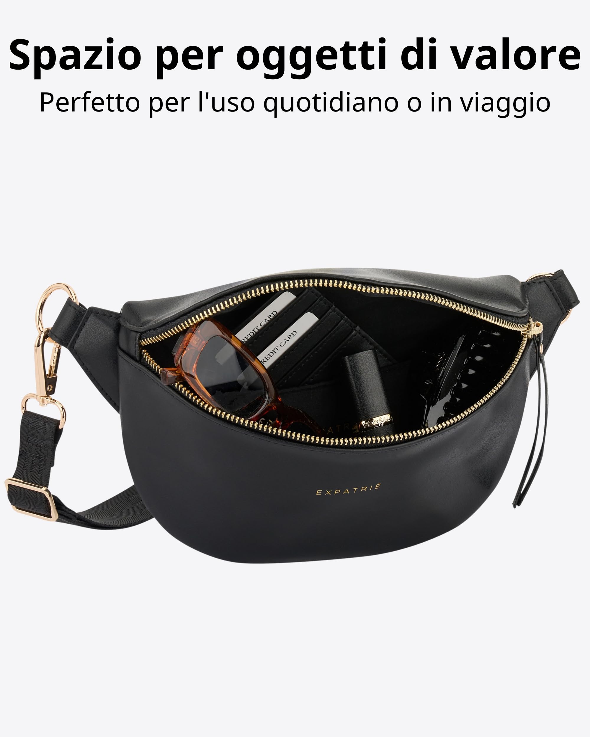 Expatrié Marsupio Donna Nero - Alice Small - Borsa per Festival, Viaggi e Uso Quotidiano In Pelle Vegana - Piccolo Borsello Elegante alla Moda - Impermeabile