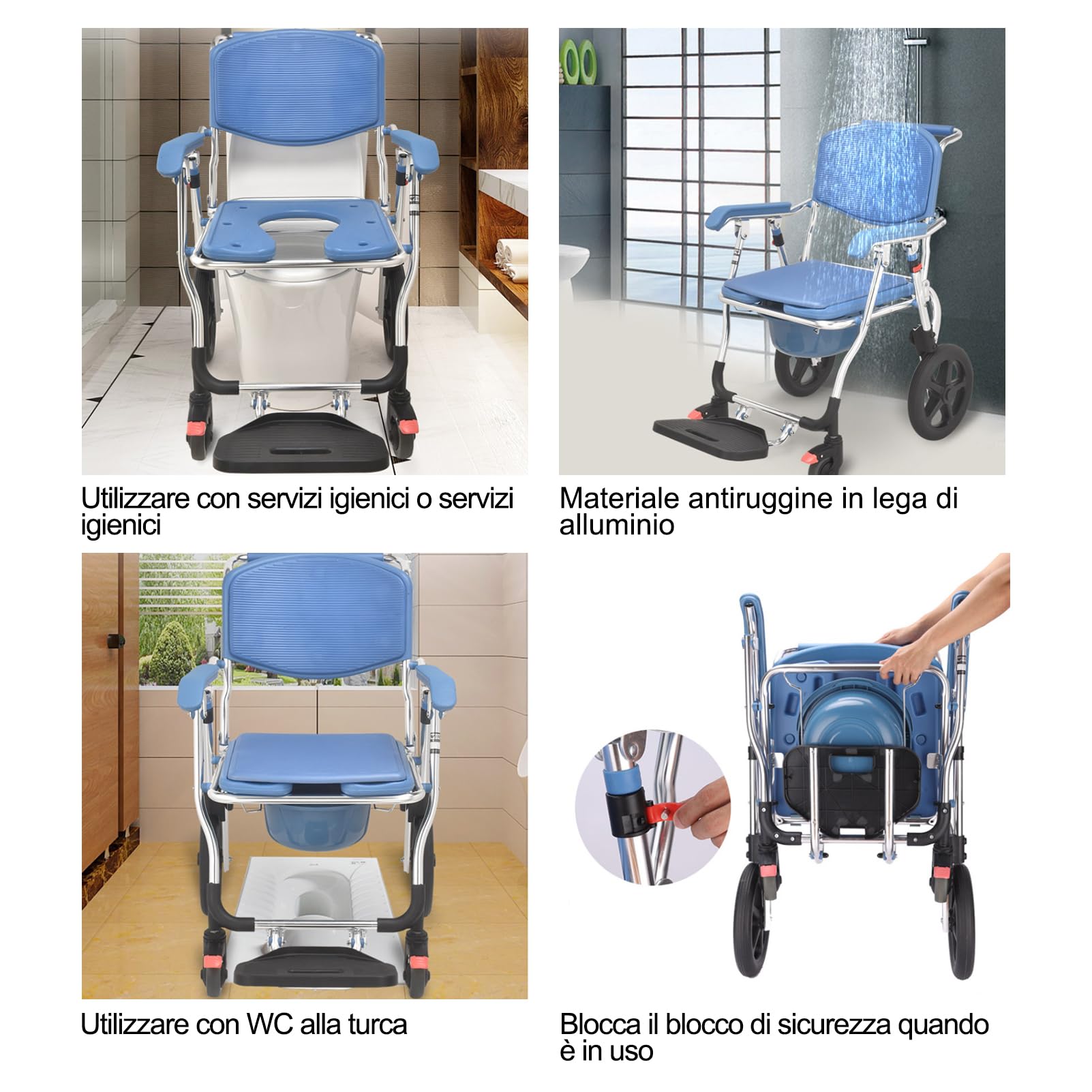Sedia Doccia Disabili Con Ruote Sedia Comoda WC Smontabile Su 4 Ruote Sedia per WC Antiscivolo Carrozzina Da Toilette Sedia Comoda WC Imbottita Con Rotelle Vaso Rimovibile per Disabili