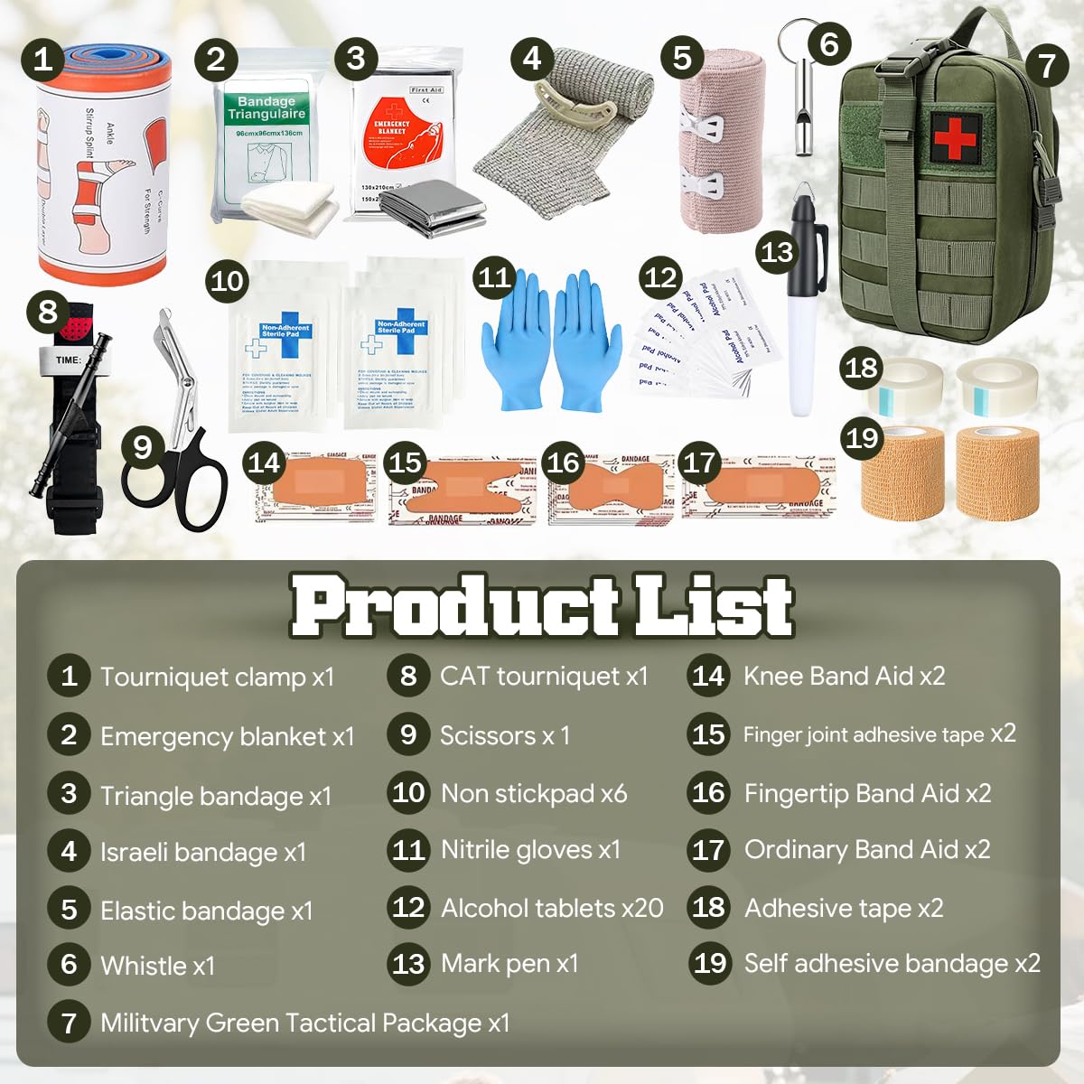 Outdoor Erste Hilfe Set, 49 Teile Praktische Notfalltasche, Tragbare Notfallausrüstung Tasche für Camping Wandern Radfahren Klettern Reisen (Militärgrün)