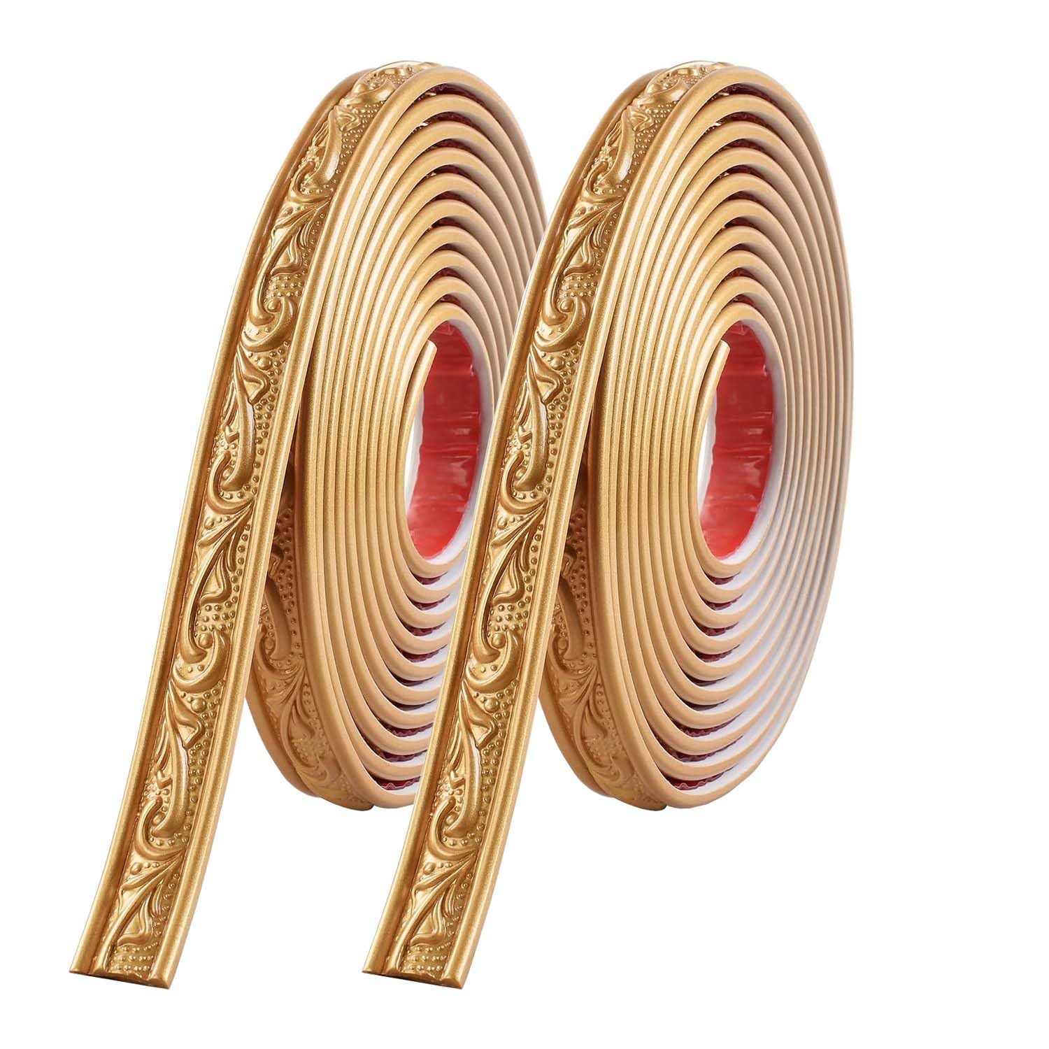 Zayejod 2 Rolls*5M Molding Trim Self Adhesive,Peel and Stick Wall Ceiling Decorative Trim,3D Wallpaper Border,Tile Edging Trims,Sticky Wall Lines for Mirror Edge,TV Background(2.6CM Width,Gold)