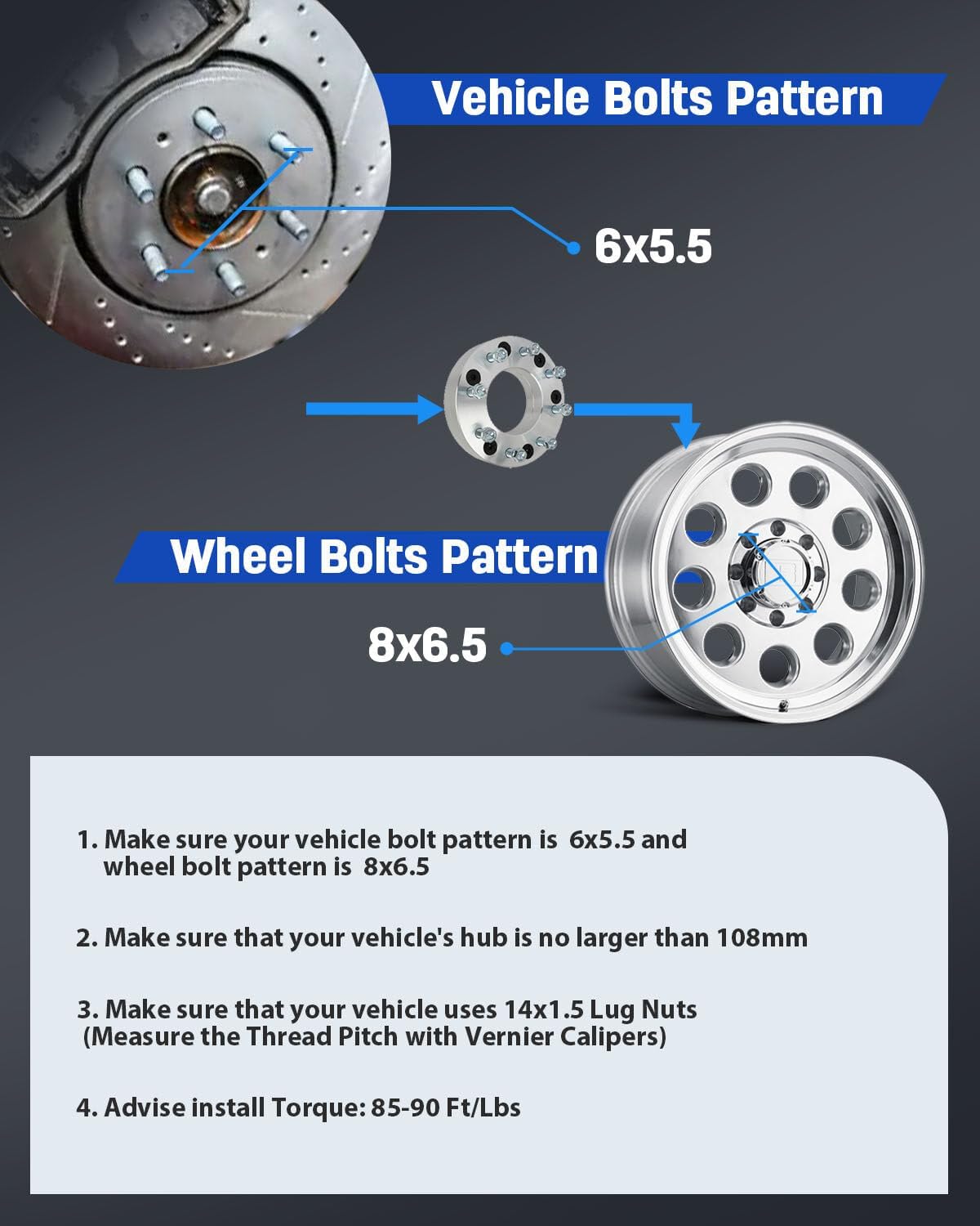 ECCPP 4PCS change bolt pattern from 6x5.5 to 8x6.5 Conversion Wheel Adapters 2" inch for Chevrolet Silverado 1500 1999-2023| for Chevrolet Tahoe 1995-2023| for Sierra 1500 1999-2023(Only 8x6.5 Wheels)