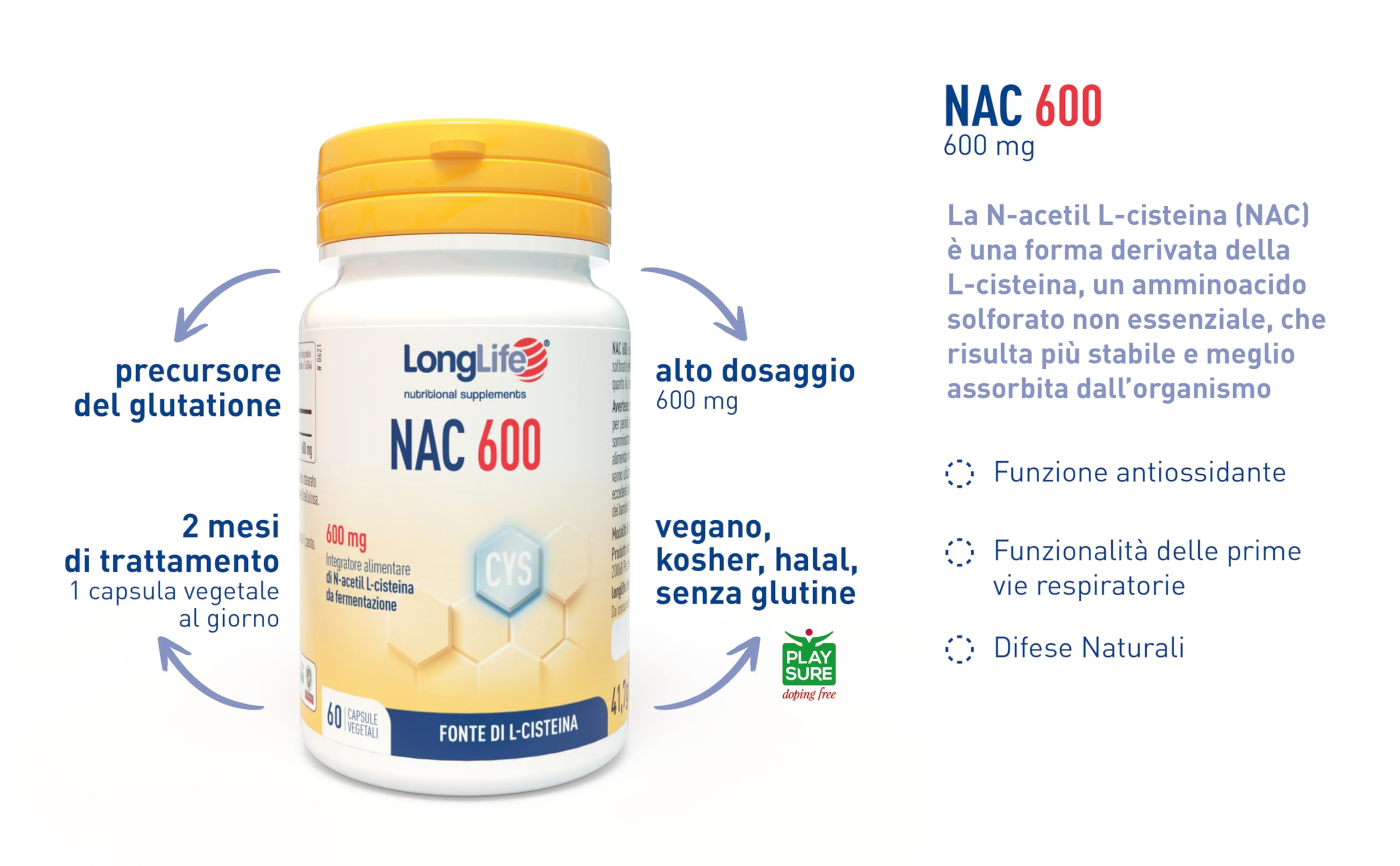 LongLife® NAC 600 | Precursore del glutatione | Alto dosaggio | N-acetil-cisteina | Fonte di L-cisteina | Azione antiossidante | Difese naturali | 2 mesi di trattamento | Vegano e senza glutine