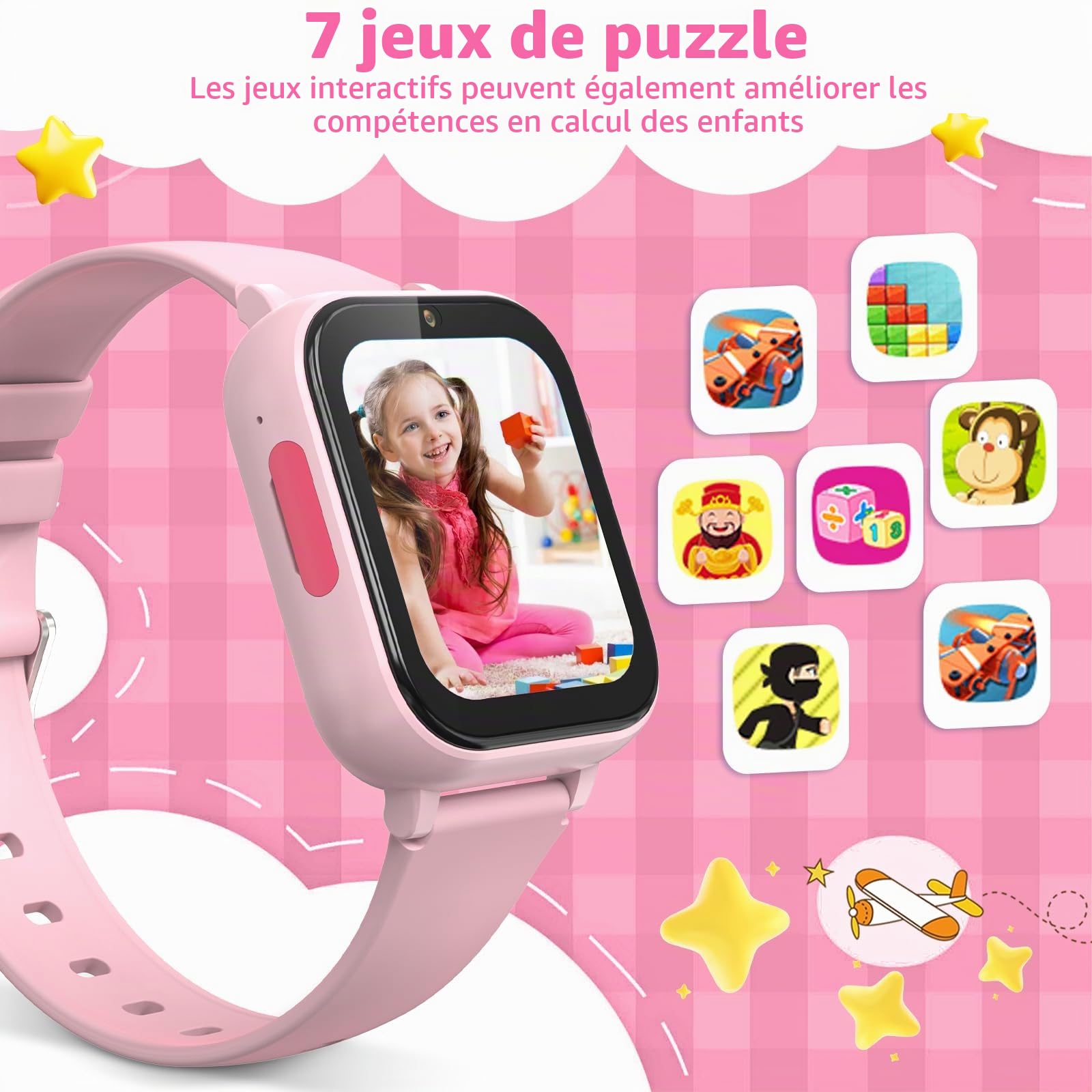 Montre connectée 4G pour Enfants avec Fonction d'appel Vocal, Montre-téléphone, Montre pour Enfants avec Appareil Photo Jeux réveil écran Tactile Fonction Appel étanche IPX7