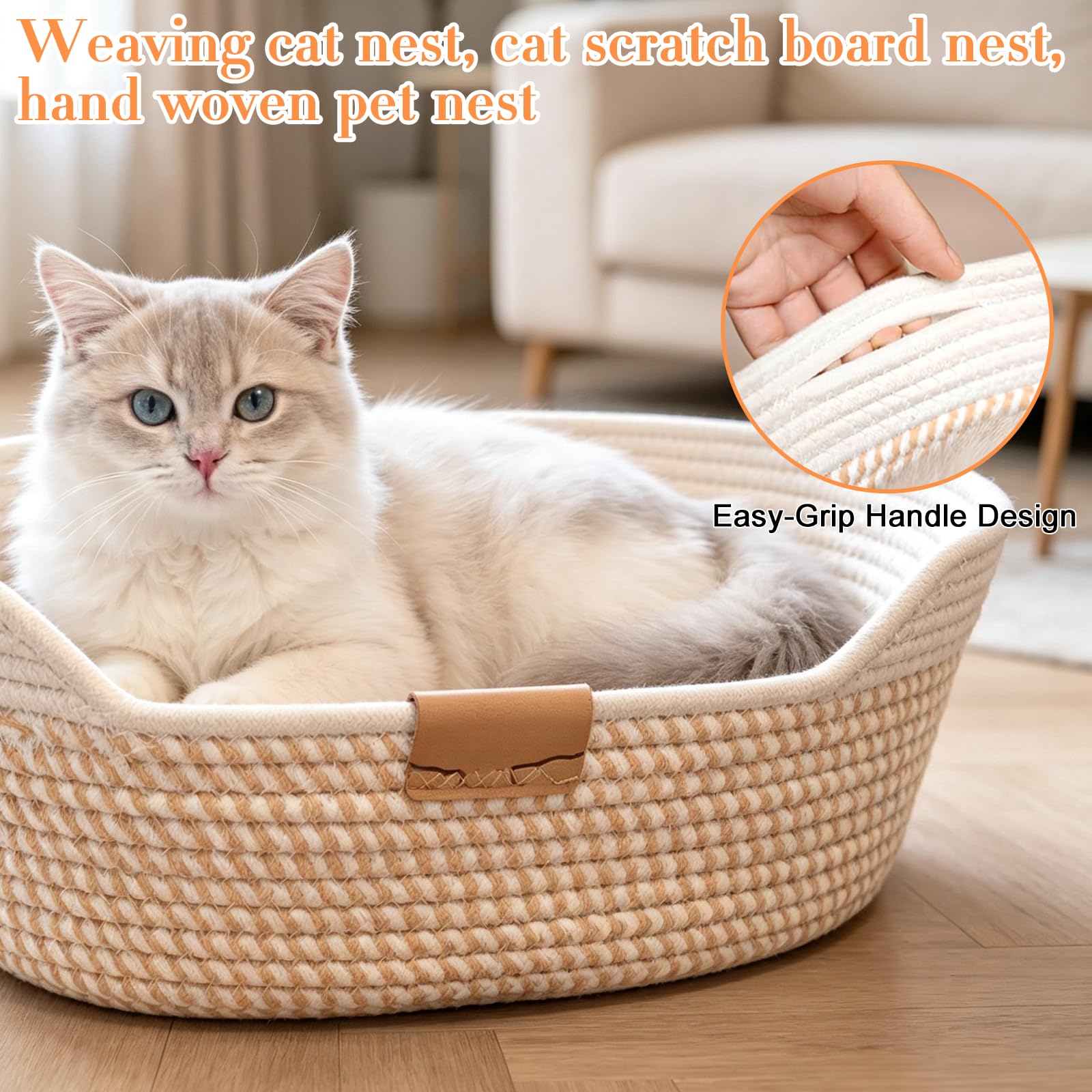 Nid pour Chat, Panier Tressé pour Chat, Cotton Corde Panier, Lit Douillet De Qualité Supérieure, Respirant Lavable pour Tous Les, Toutes Saisons, Universel, 50 * 15cm, Gris Et Kaki