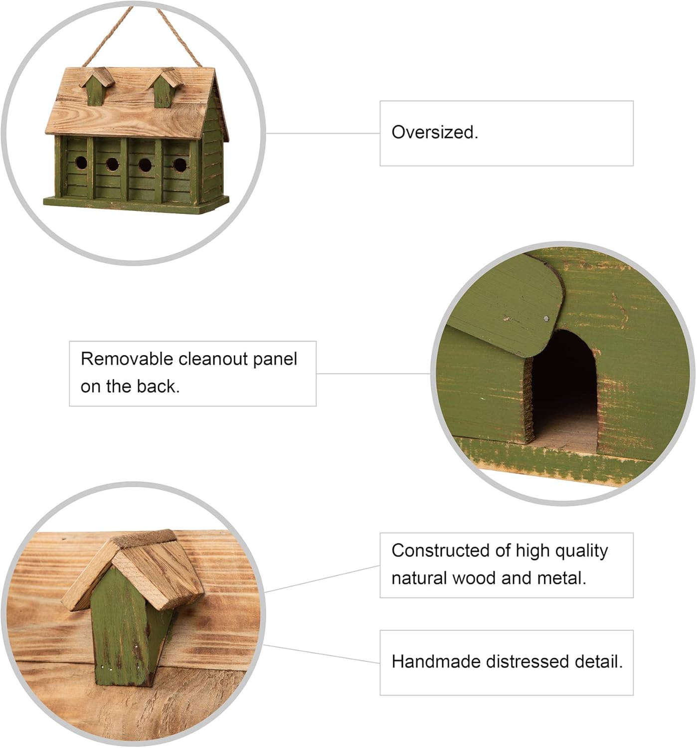 Glitzhome 14.25" L Wood Hanging Birdhouse for Outdoors Oversized Distressed Cottage Bird House Rustic Painted Bird House for Bluebird Wren Chickadee Sparrow Bird Nest Box for Garden Patio, Green