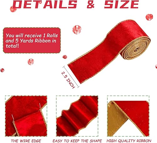 Miniatura 2 de Cinta de terciopelo rojo de Navidad con alambre para decoraciones de árboles de Navidad, coronas, lazos (2-12 pulgadas, 5 yardas)