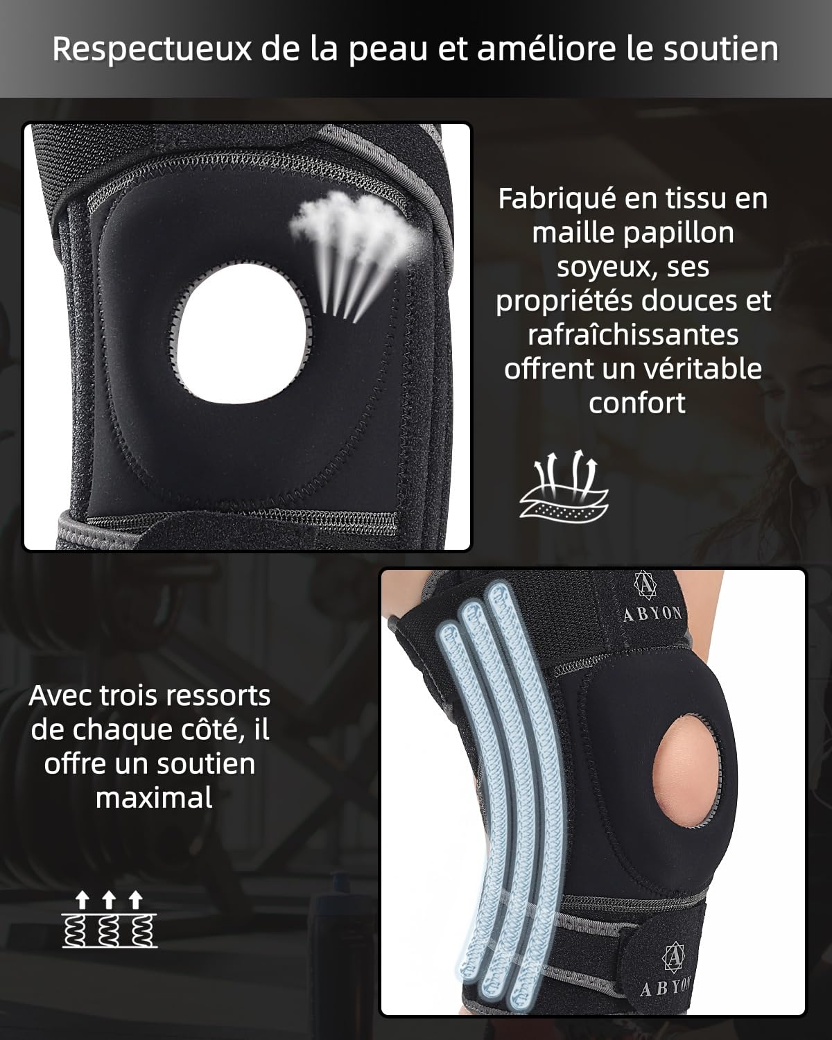 ABYON ELITE Genouillère Hommes & Femmes avec sangles antidérapantes réglables 4 niveaux et stabilisateurs latéraux – Attelle de genou pour douleurs, arthrite, LCA, ménisque, genou du coureur