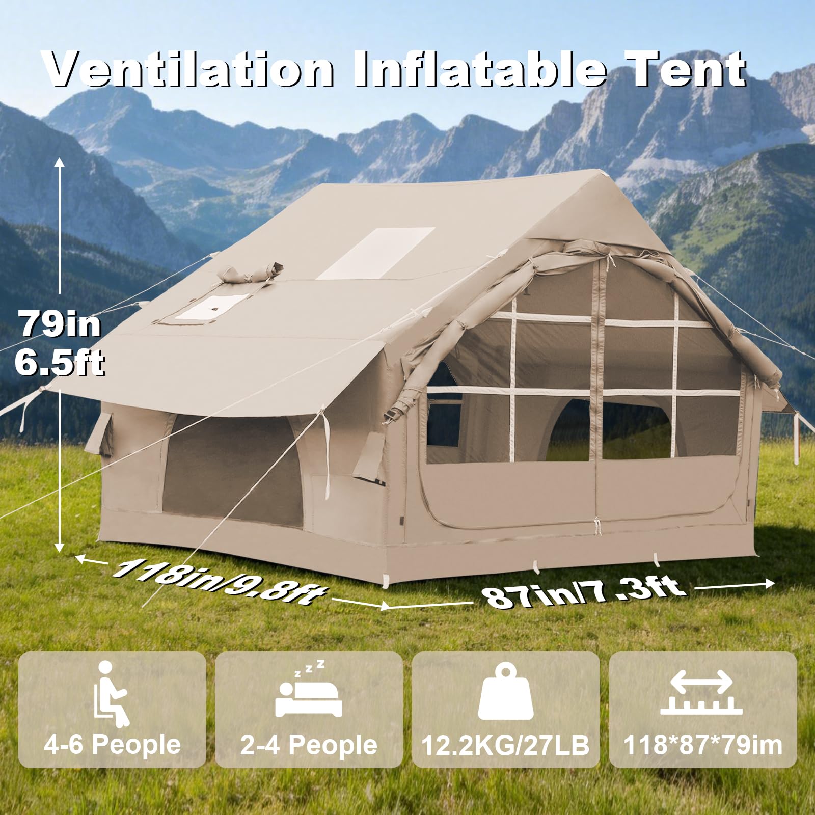 DanCoom Tente gonflable pour 2/4/6/8 personnes - Tente pour le camping - Tente de maison à grande air - Tente de camping - Tente de glamping - Grande abside.
