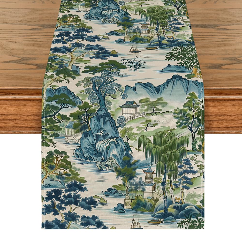 Artoid Mode Chinoiserie Vintage Style Mountain Fall Table Runner, Seasonal House Trees Kitchen Dining Table Decoration for Home Party Decor 13x72 Inch