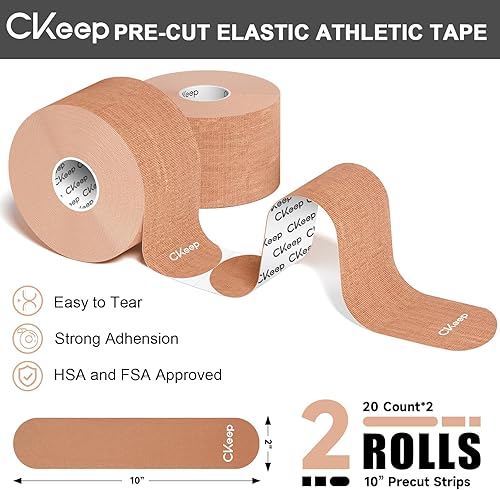 Miniatura 2 de CKeep Cinta de kinesiología, 2 rollos de algodón sin látex, tiras elásticas precortadas hipoalergénicas, 2 pulgadas de ancho, cinta atlética