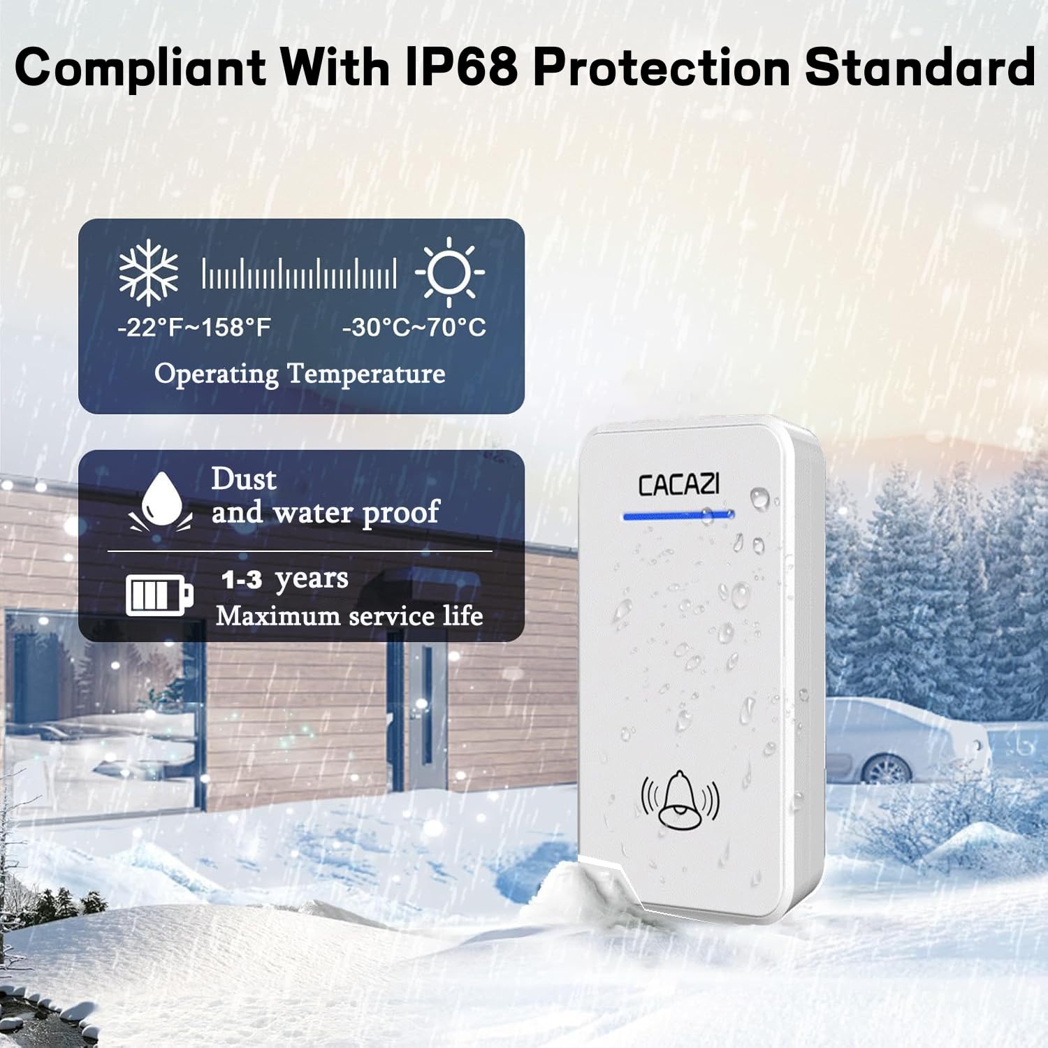Campanello Senza Fili da Esterno Impermeabile IP68, Portata 300M, Wireless Doorbell Plug-in, con 2 Pulsanti Remoti, 48 Suonerie, 6 Volume Regolabile, Indicatore LED Lampeggiante,Bianca