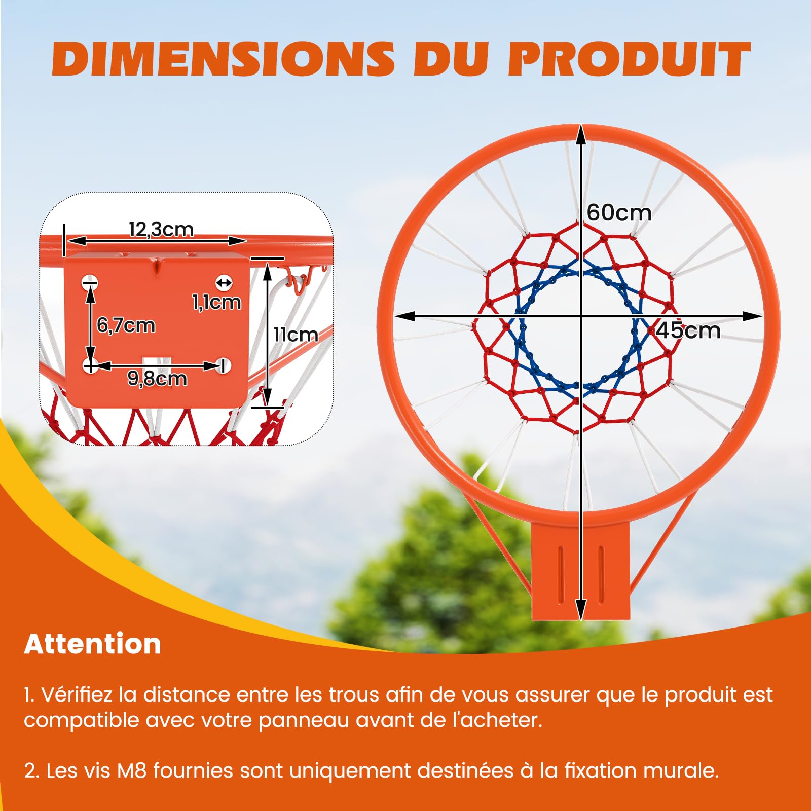 GYMAX Anneau de Basketball Standard 45cm, Compatible avec Plupart des Panneaux, Ressorts Amortisseurs & Filet Résistant aux Intempéries, Kit de Fixation Inclus, pour Usage Intérieur Extérieur