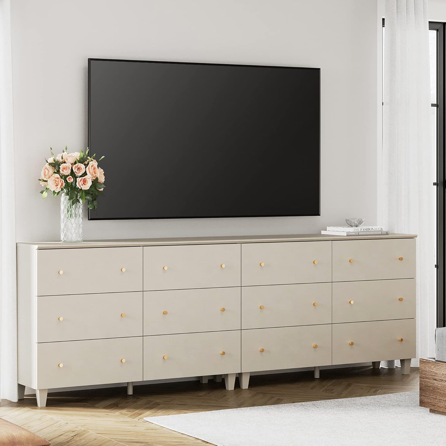 WAMPAT Modern TV Stands Entertainment Center for 100+ Inch TVs, Set of 2 Wood Extra Wide Media Console Tables with 12 Storage Drawers for Living Room, Beige Faux Linen Finish
