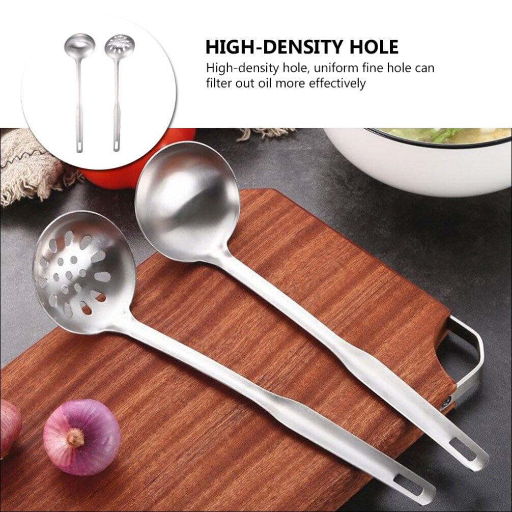 Cabilock 1set Stainless Steel Hot Pot Spoon Strainer Handle Soup Ladle Fine for Draining Oil for Noodles Fried Foods Comfortable Grip Kitchen Utensil