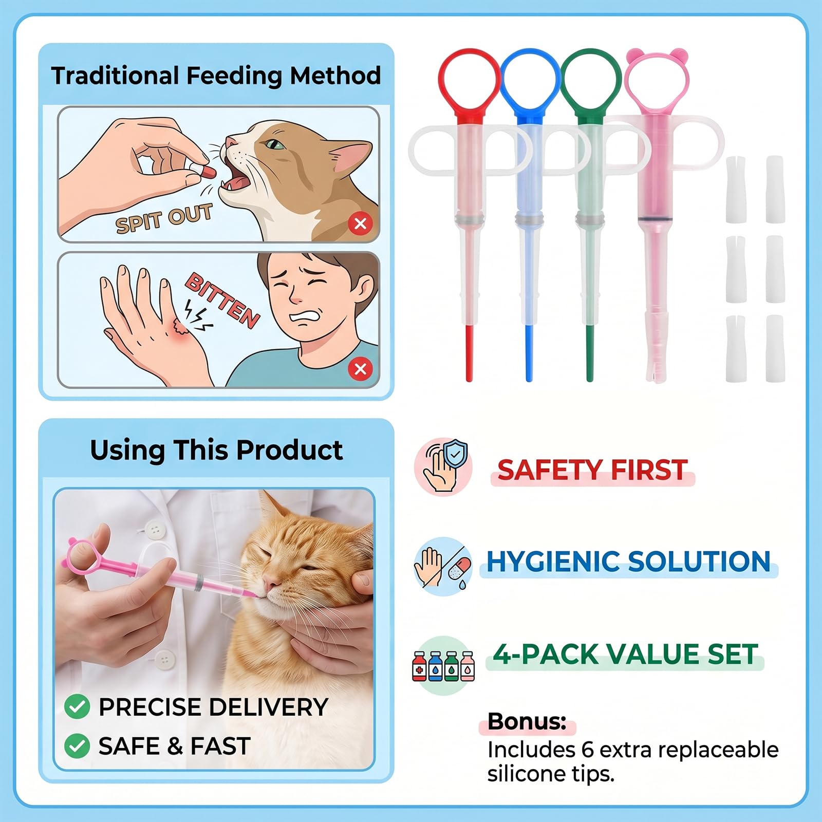 Distributeur De Comprimés Pour Animaux Lot De 4, Embouts Souples En Silicone Pour Chats Et Chiens
