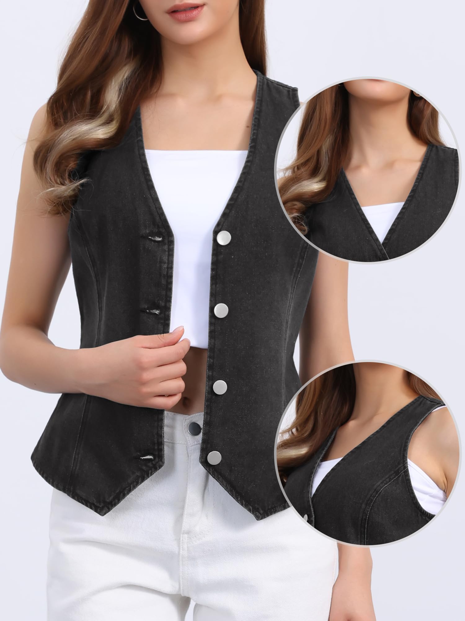 Allegra K Gilet en Jean pour Femme Blouson sans Manches en Denim à Col en V Veste Boutonné Décontractée Vintage